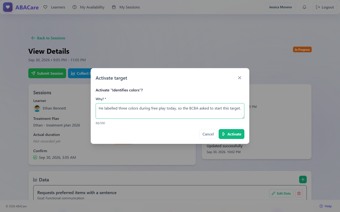 The Activate target window in the web app asking to activate a planned target, with the required Why? note and the Activate button