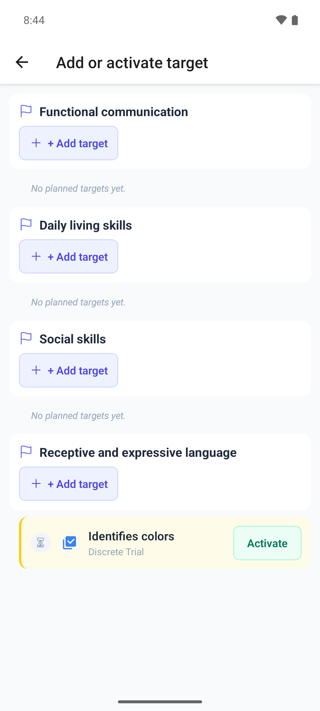 The Add or activate target screen in the mobile app with goals, the + Add target buttons and a planned target with Activate