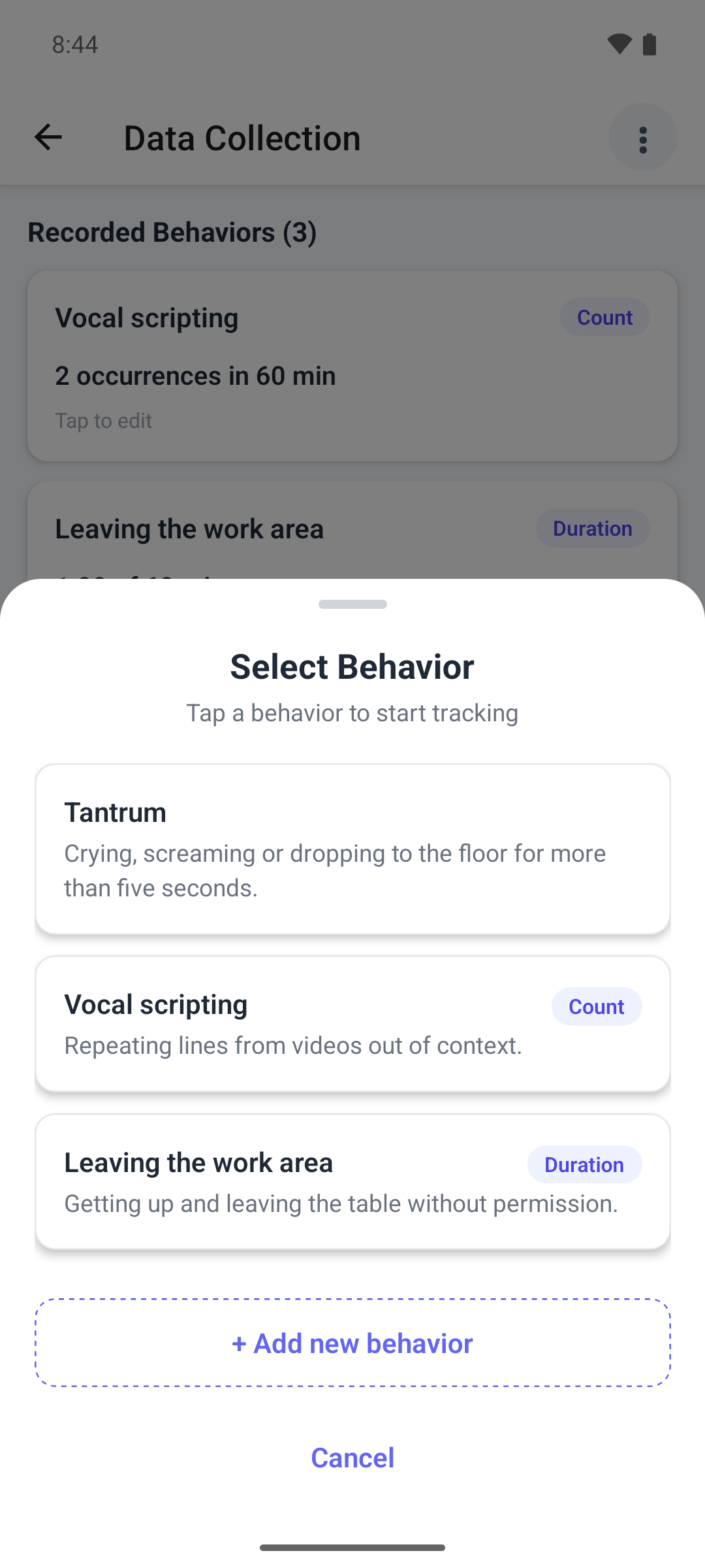 The Select Behavior sheet in the mobile app listing the plan's behaviors, with the + Add new behavior button