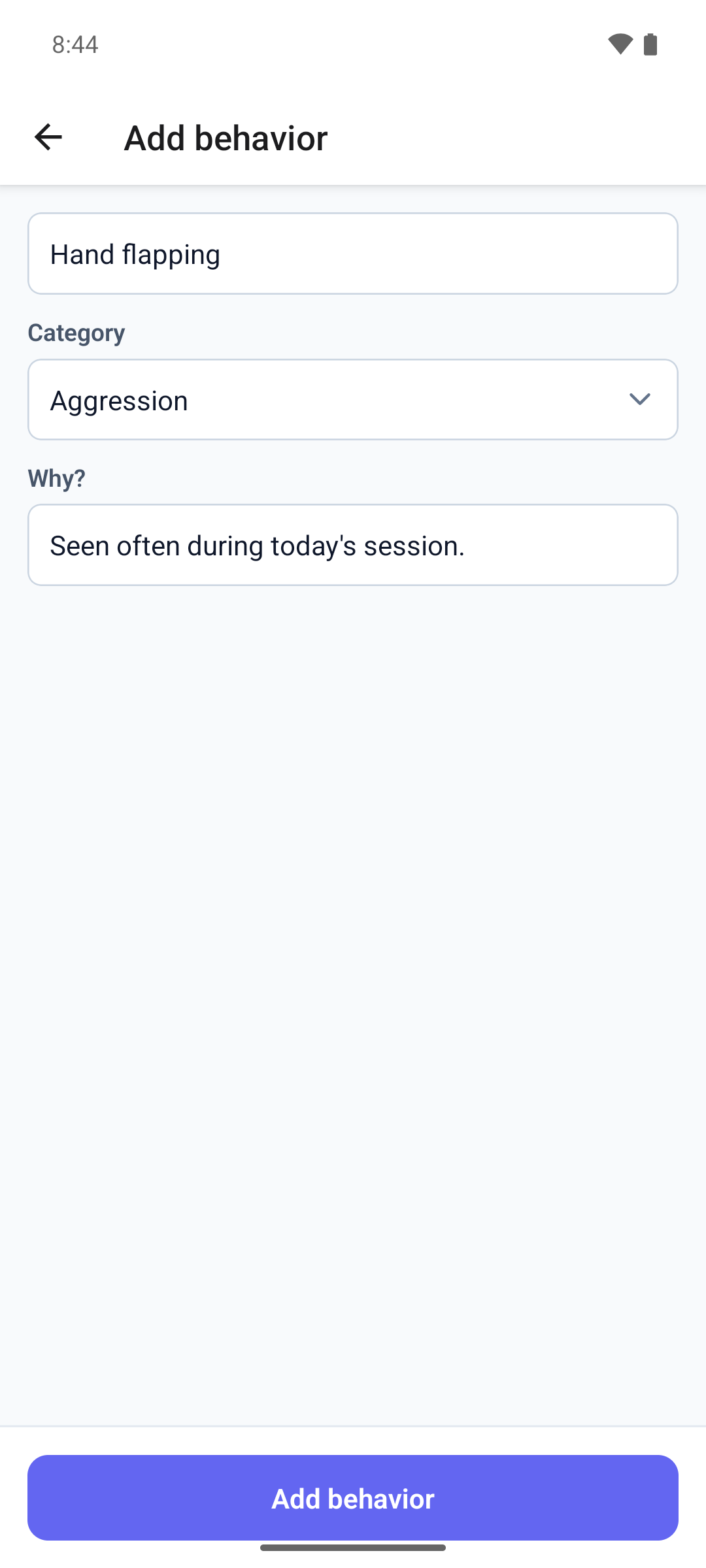 The Add behavior form in the mobile app with the behavior name, the Category picker and the Why? note