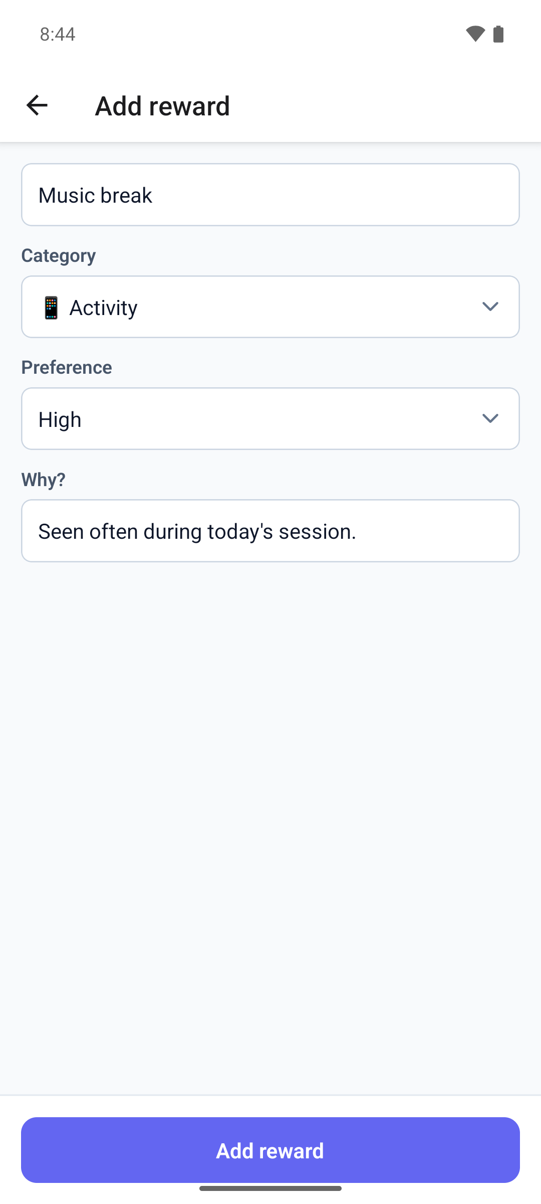 The Add reward form in the mobile app with the reward name, Category, Preference and the Why? note