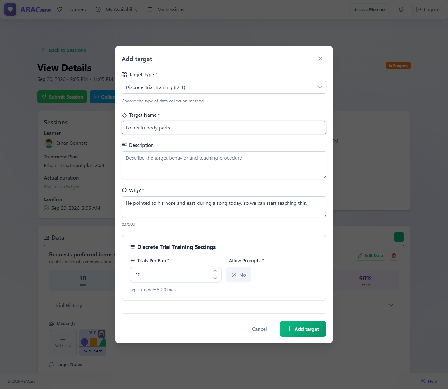 The Add target window in the web app with the target type, target name, description and the required Why? note