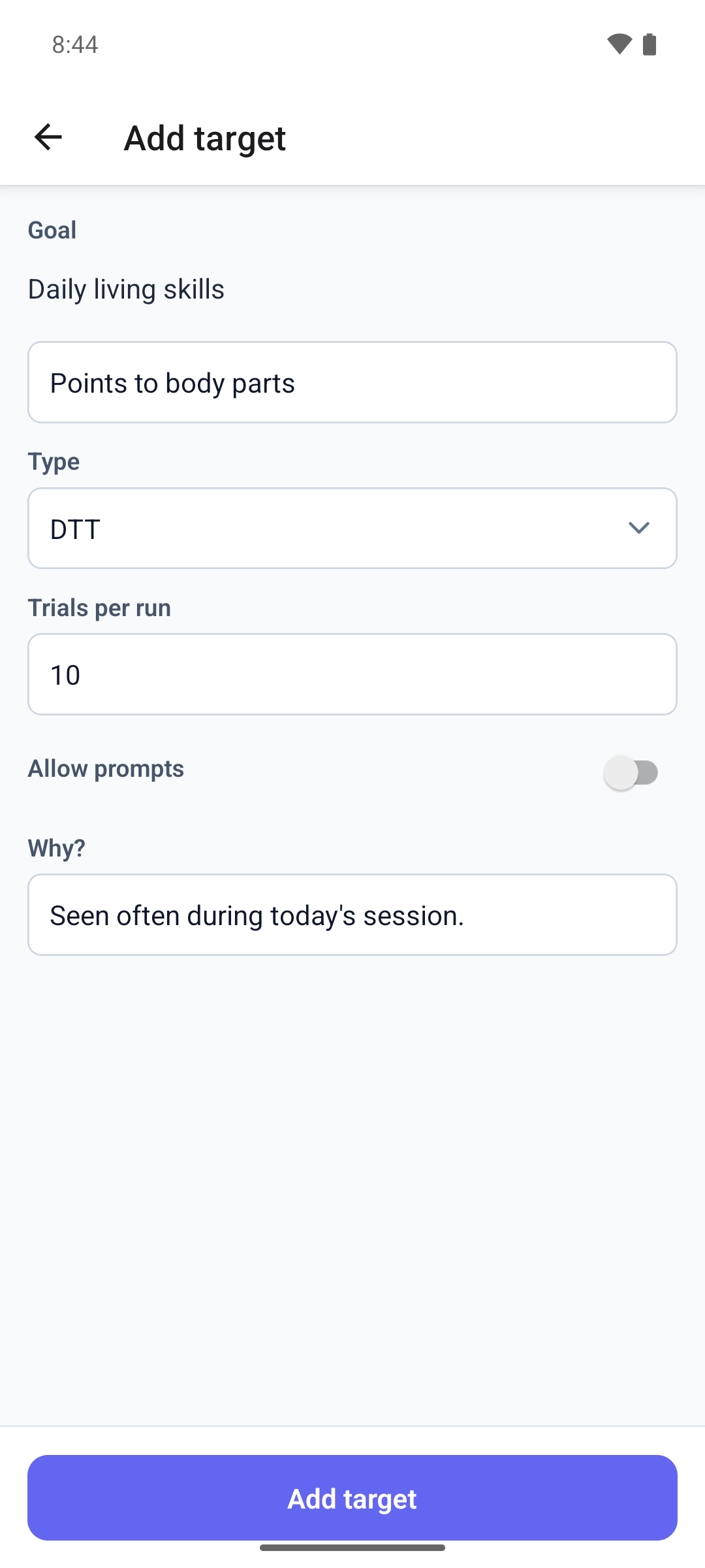 The Add target form in the mobile app with the goal, the target name, the type and the Why? note