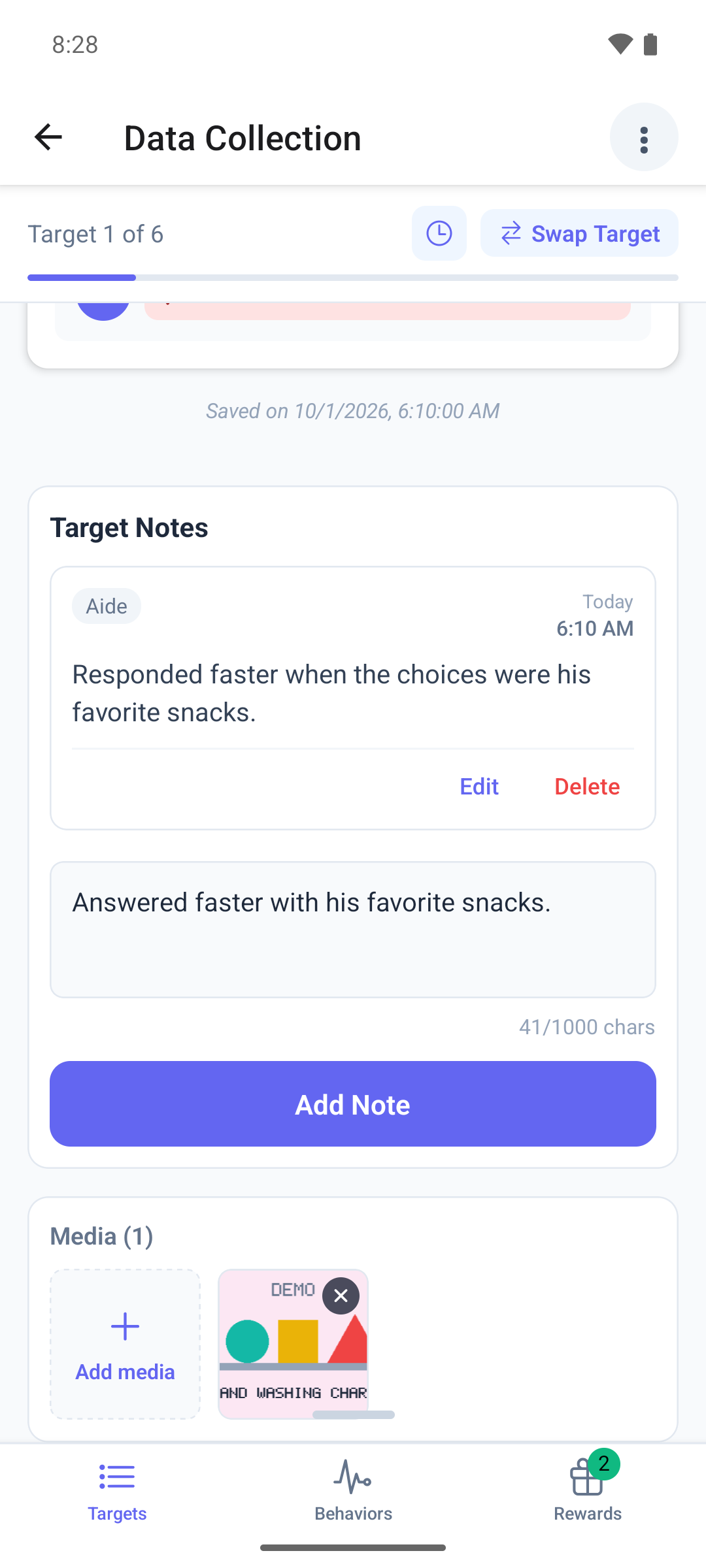The Target Notes card under a target page in the mobile app, with a saved note and a new note being typed