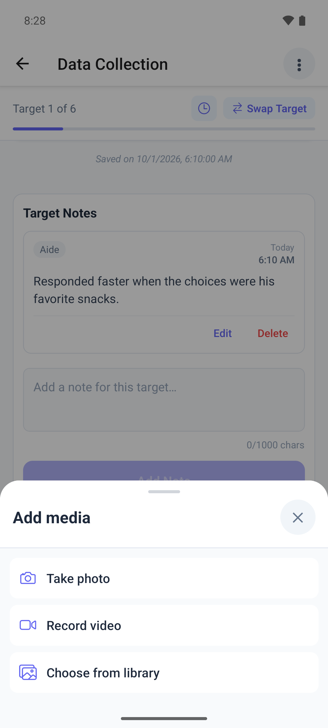 The Add media sheet in the mobile app with the Take photo, Record video and Choose from library options