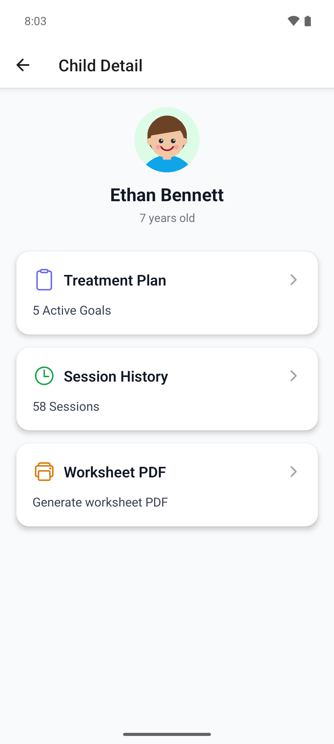 A learner in the mobile app with the Treatment Plan, Session History and Worksheet PDF cards