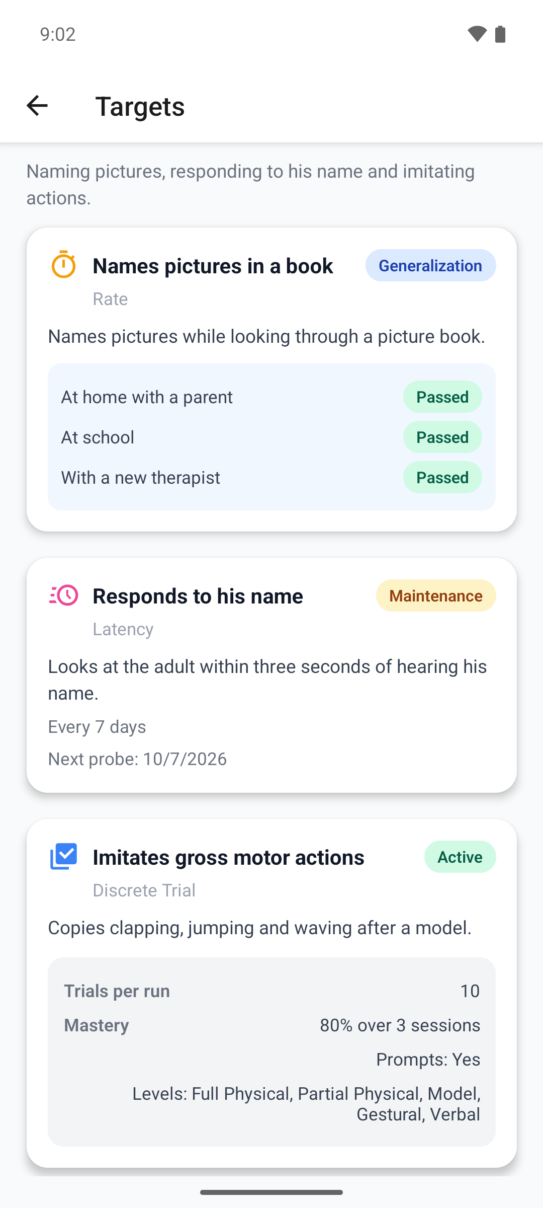 The targets of a goal in the mobile app with status badges and generalization settings
