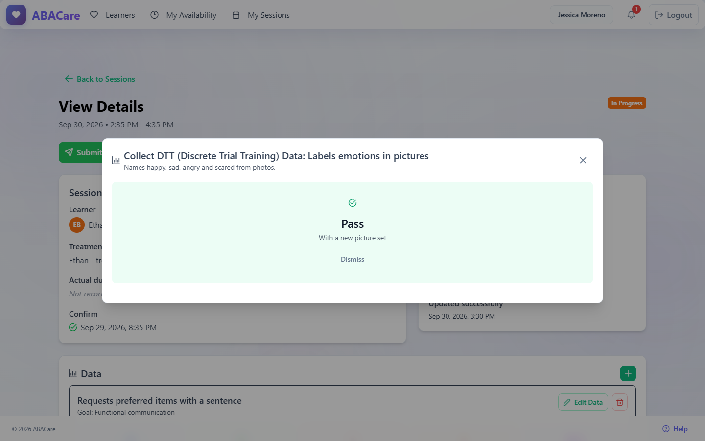 The Pass result with the context name and the Dismiss button in the web app