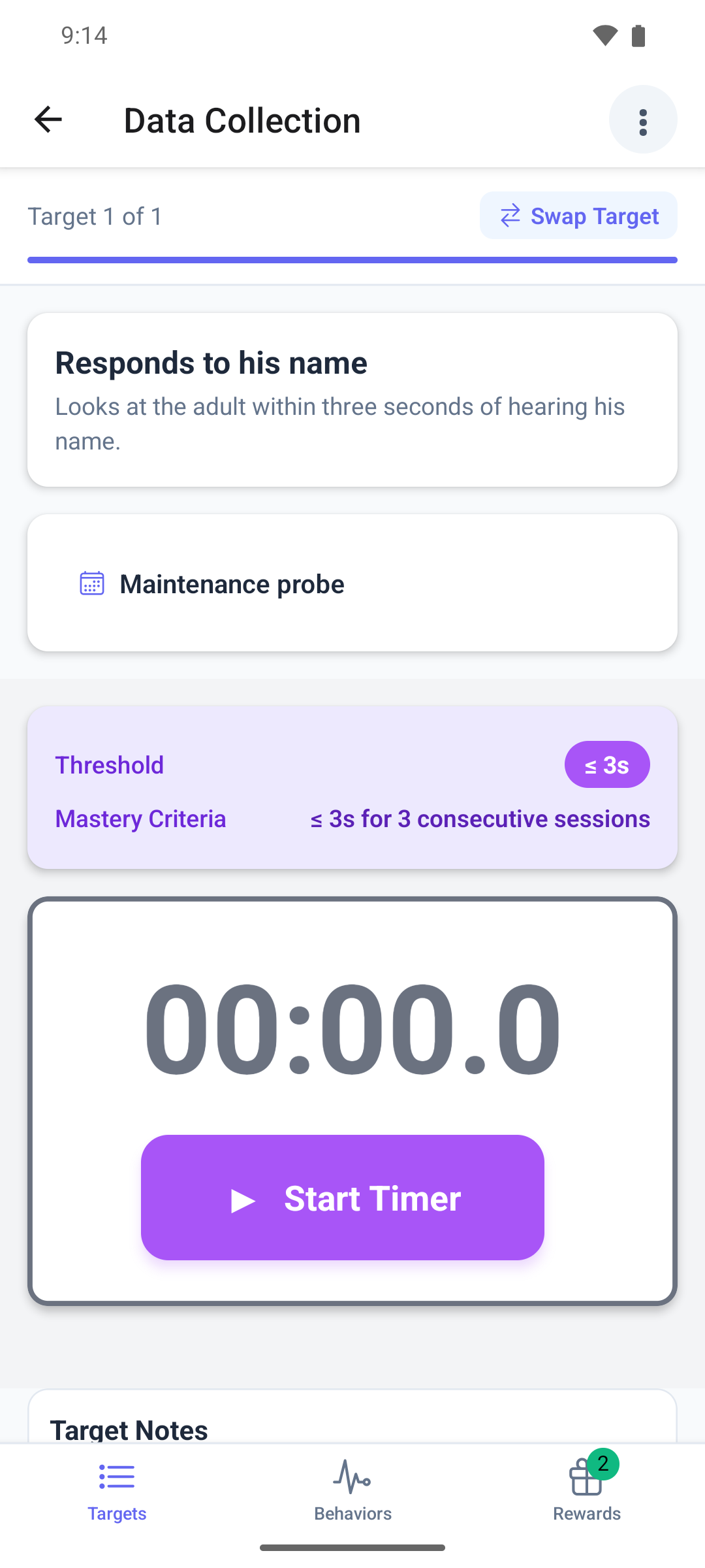 A maintenance target in the mobile app with the Maintenance probe strip and the target's collector