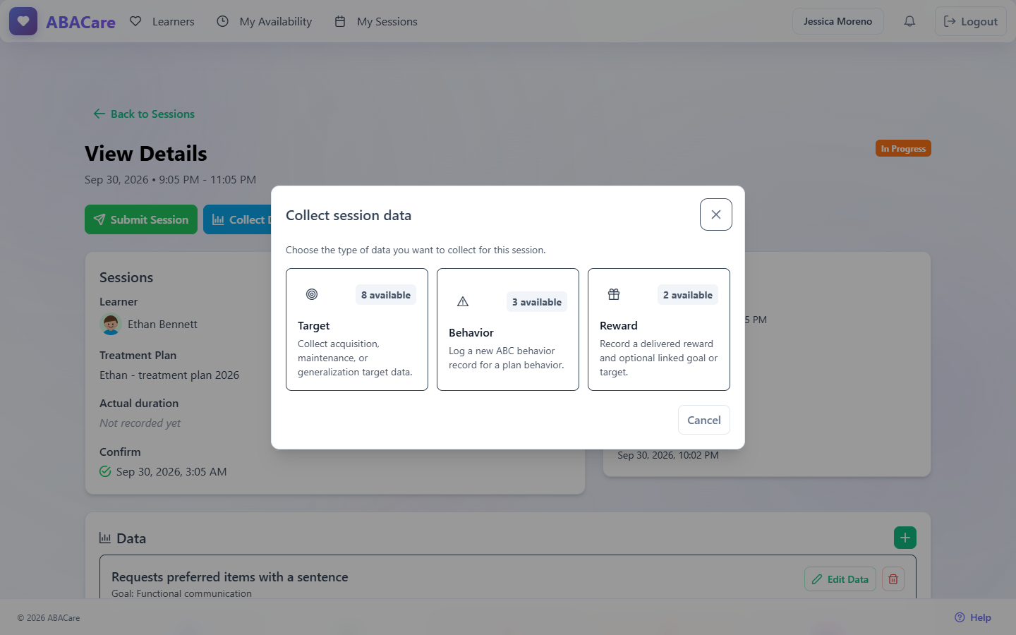 The Collect session data window in the web app with the Target, Behavior and Reward cards