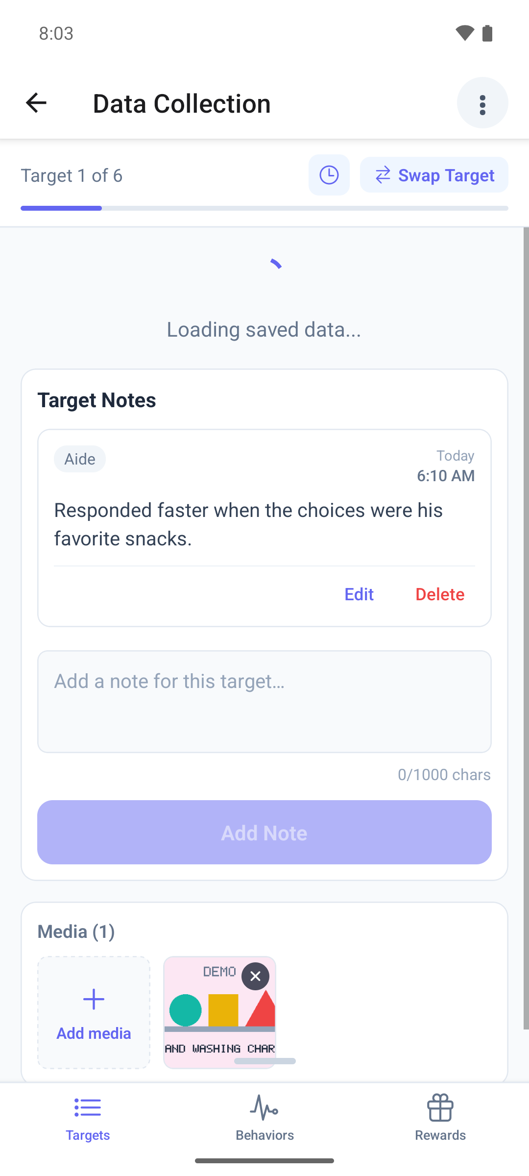 The Targets tab in the mobile app with the target counter, the progress bar and the Swap Target button