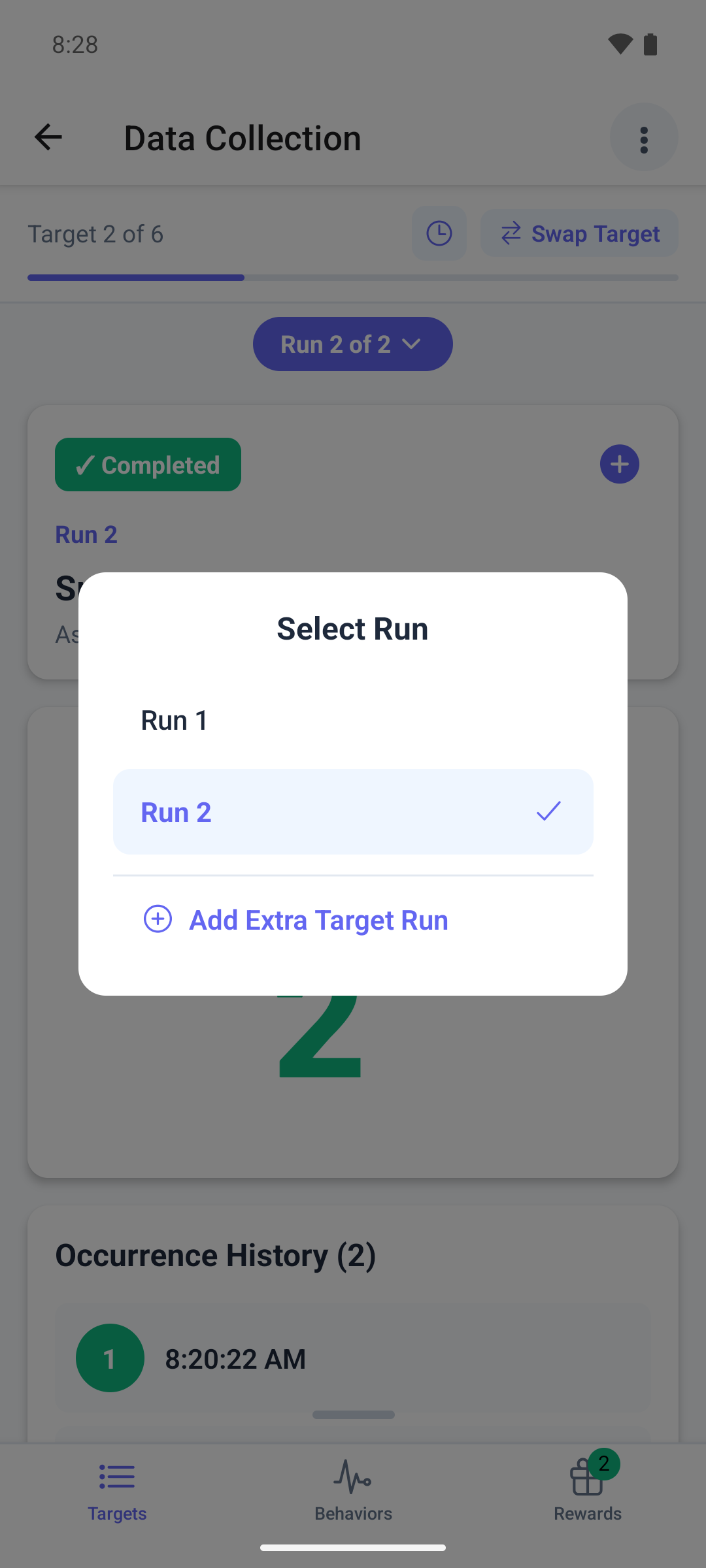 The Select Run window in the mobile app with two saved runs and the Add Extra Target Run option