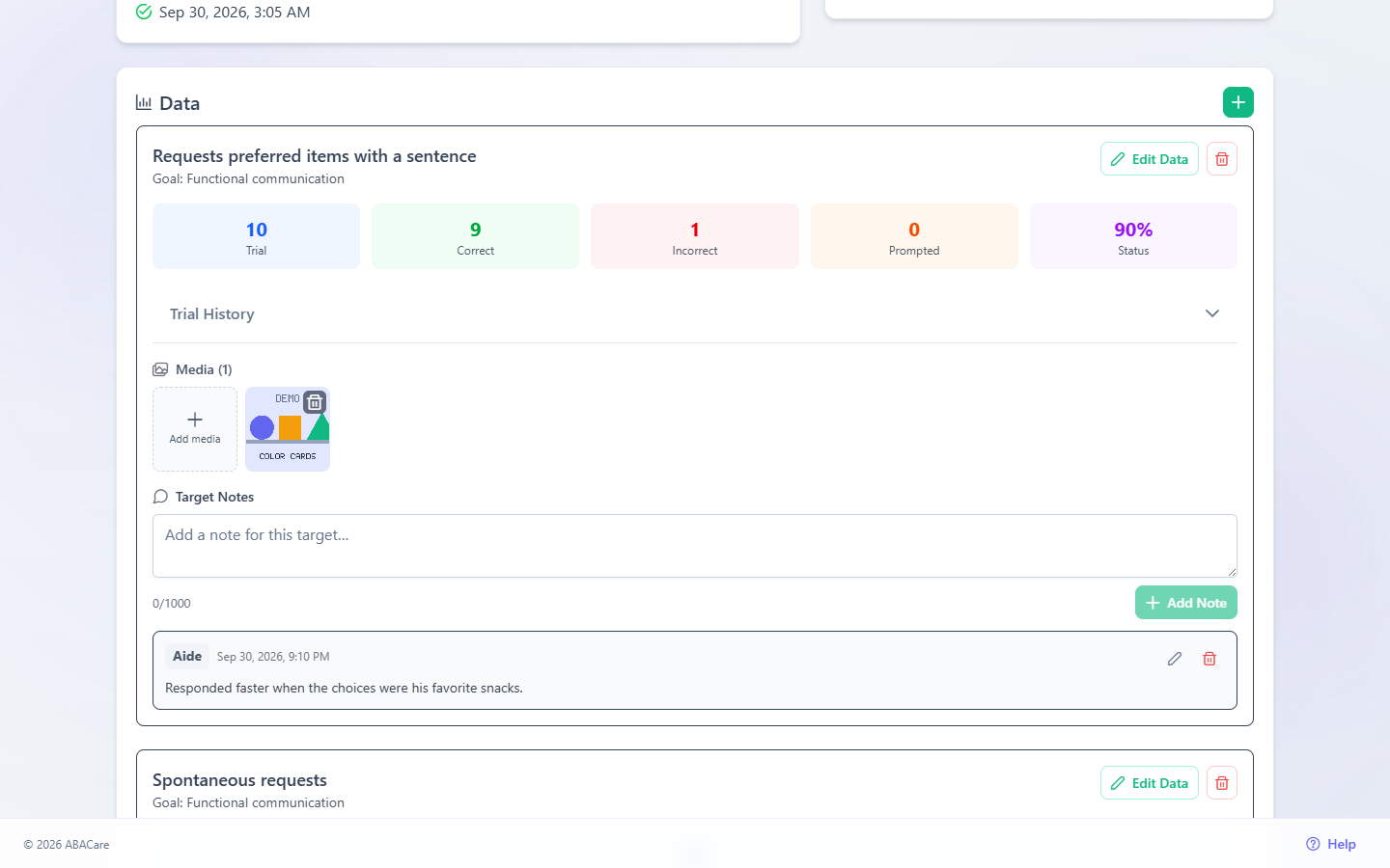 The Data card of an in-progress session in the web app, with the Edit Data button and the delete button on a target