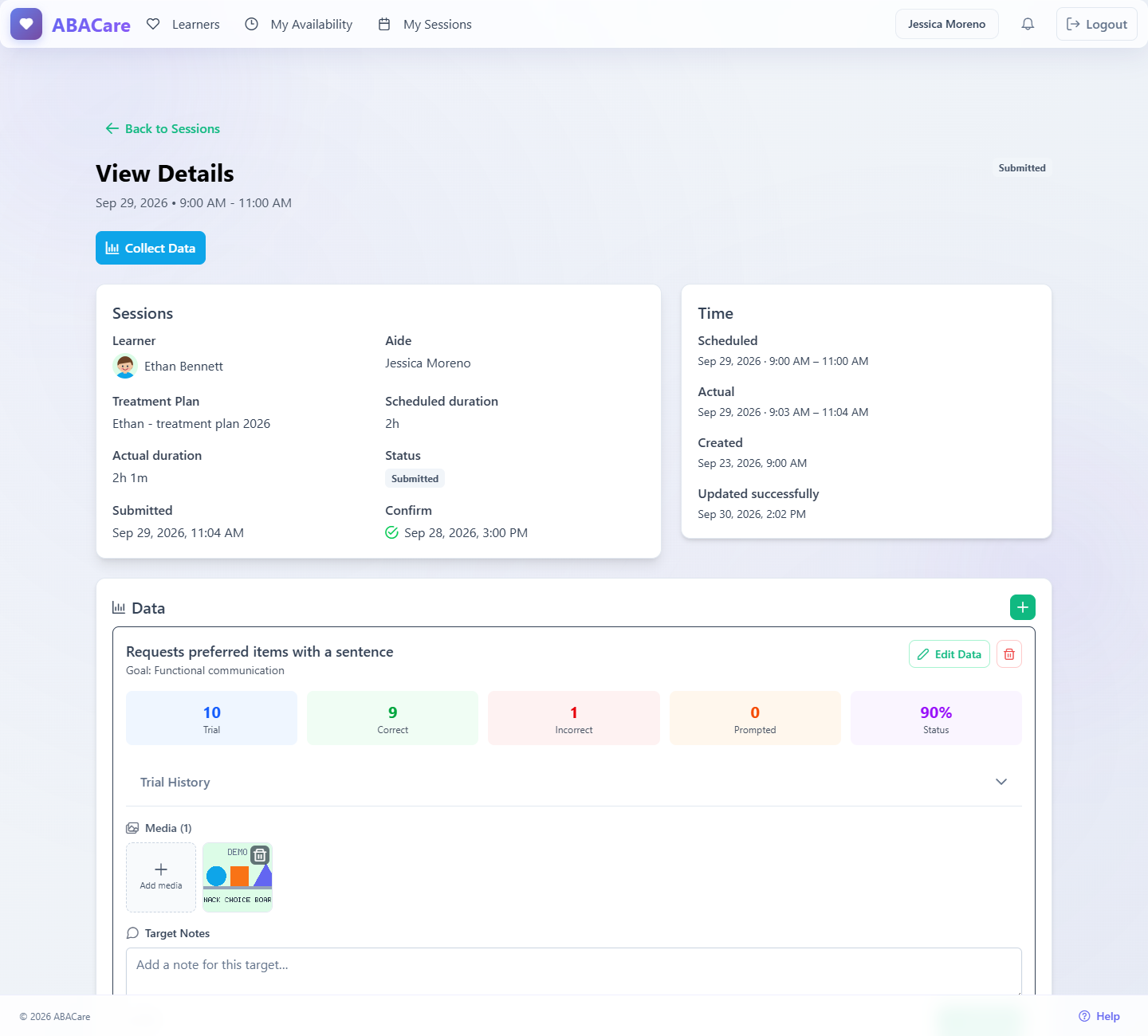A submitted session in the web app with the Collect data button and edit controls on the Data card