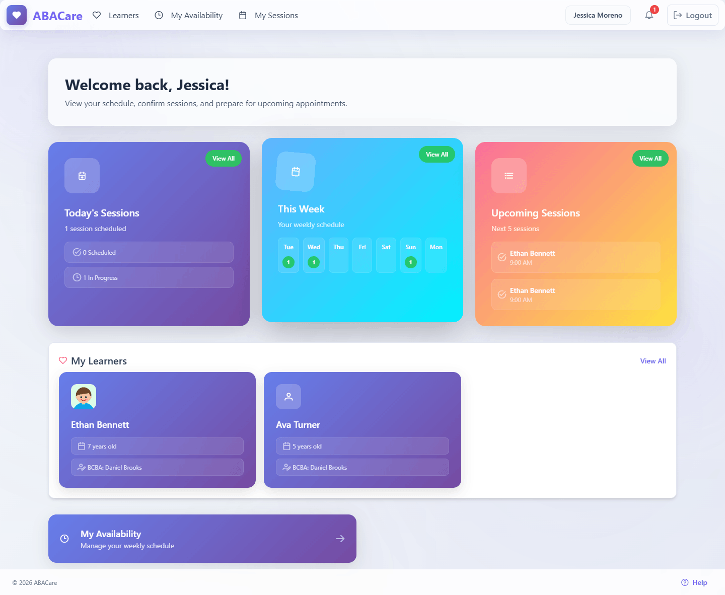 The aide dashboard in the ABACare web app with the Today's Sessions, This Week, Upcoming Sessions, My Availability and My Learners cards