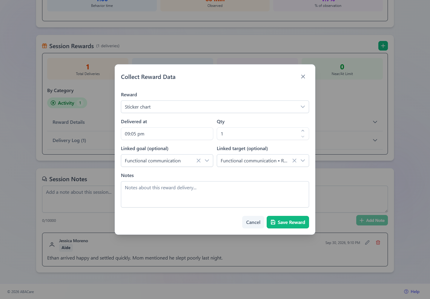 The Collect Reward Data window in the web app with a reward selected, the Delivered at time, the quantity, linked goal and target and notes