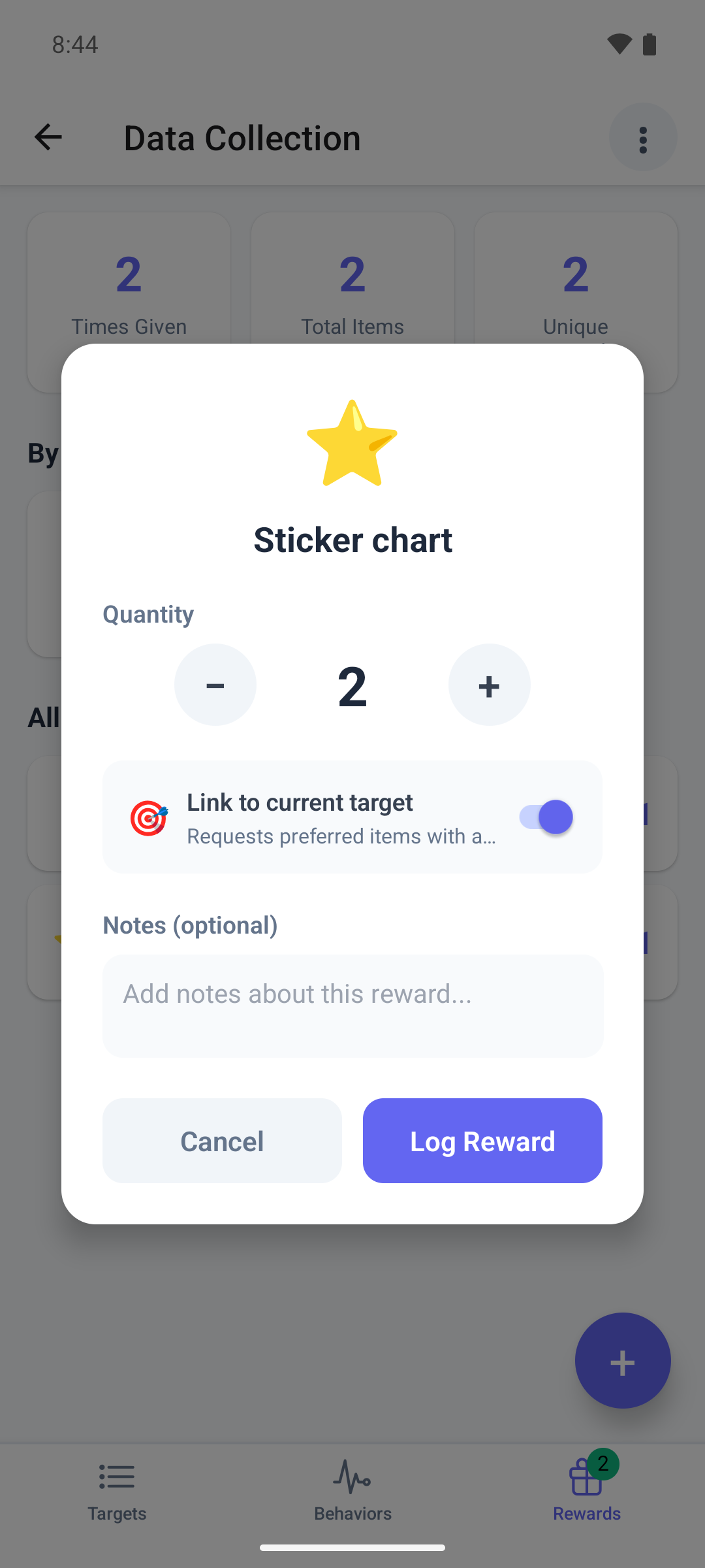 The reward window in the mobile app with the quantity stepper, the Link to current target switch, notes and Log Reward