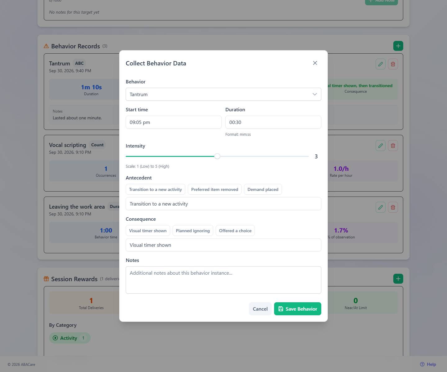 The Collect Behavior Data window in the web app with a behavior selected, the start time, duration, intensity slider and antecedent and consequence quick picks