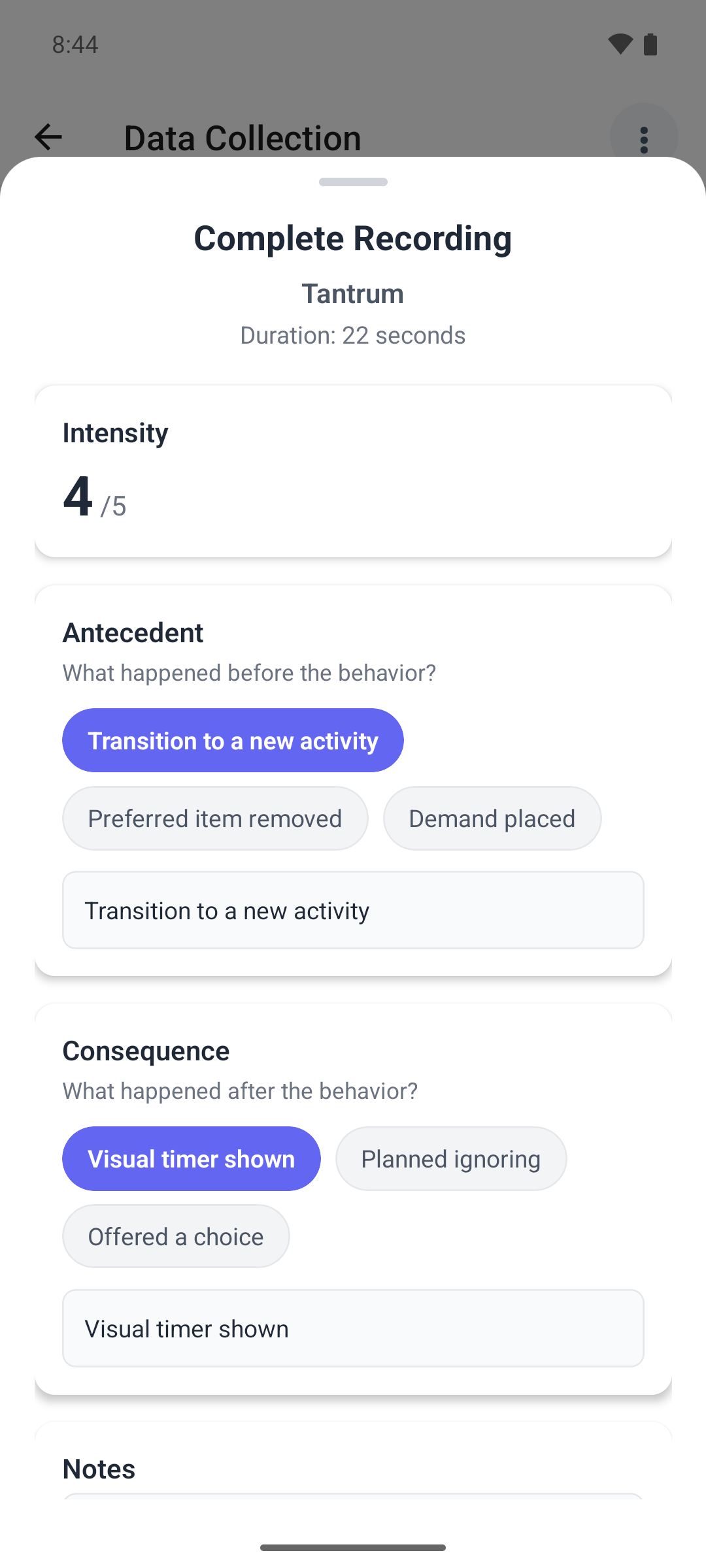 The Complete Recording window in the mobile app with the duration, intensity and antecedent and consequence quick picks
