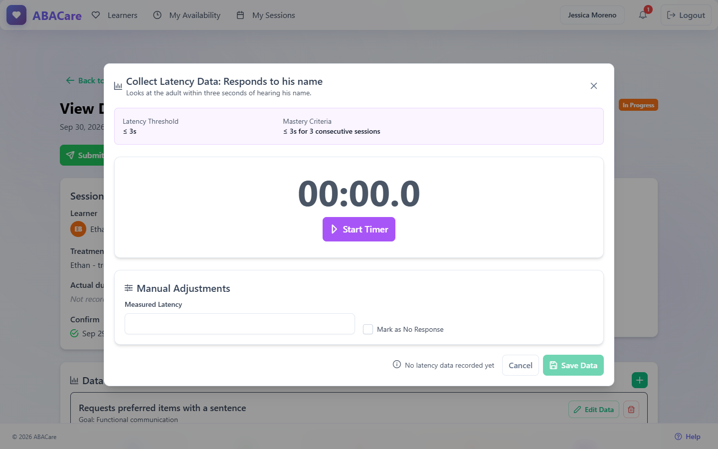 A latency target in the web app with the threshold, the timer, the Response and No Response buttons and the Manual Adjustments card