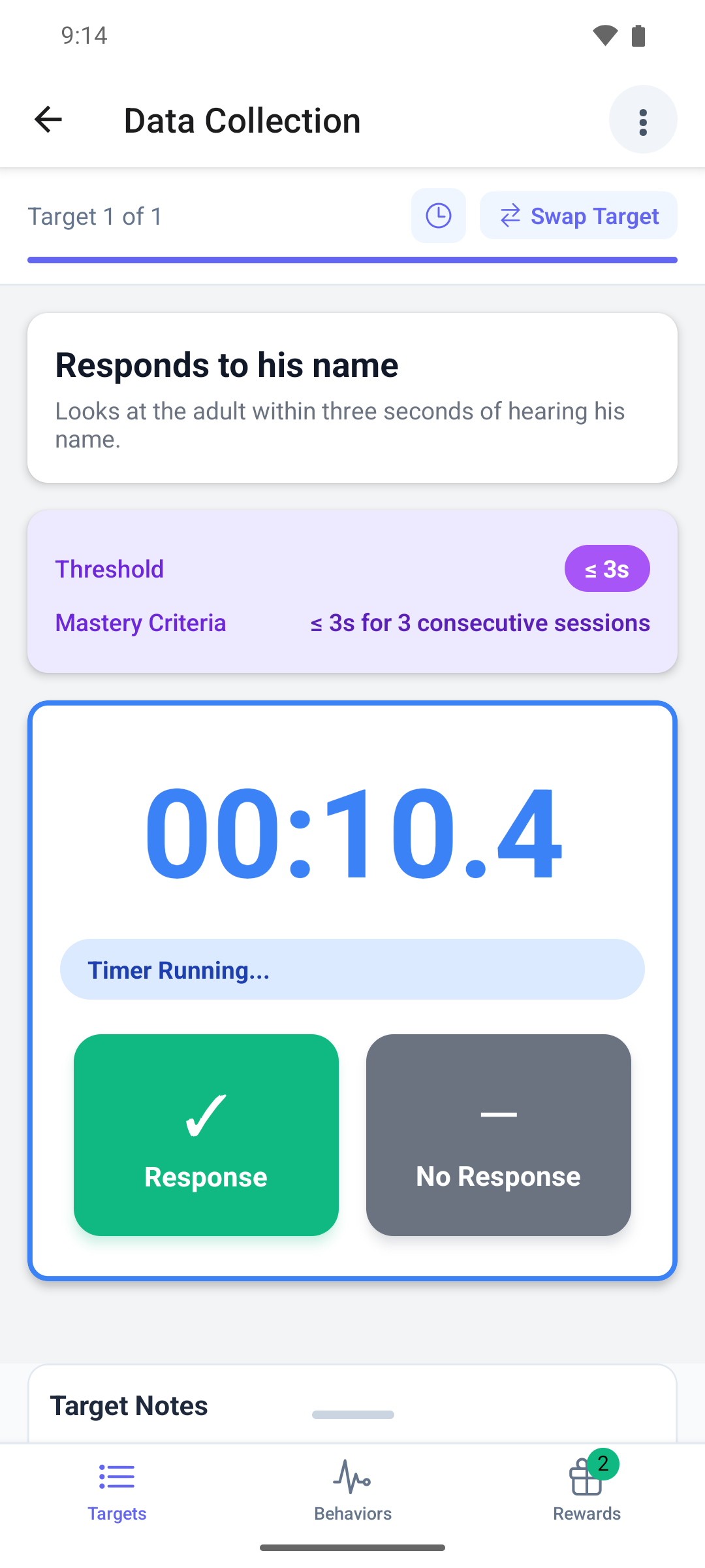 A latency target in the mobile app with the threshold, the timer and the Response and No Response buttons
