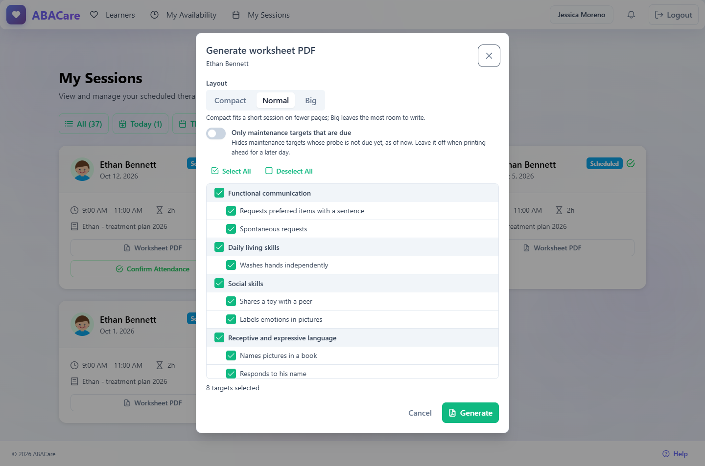 The Generate worksheet PDF window in the web app with ticked targets, the layout choice and the Generate button