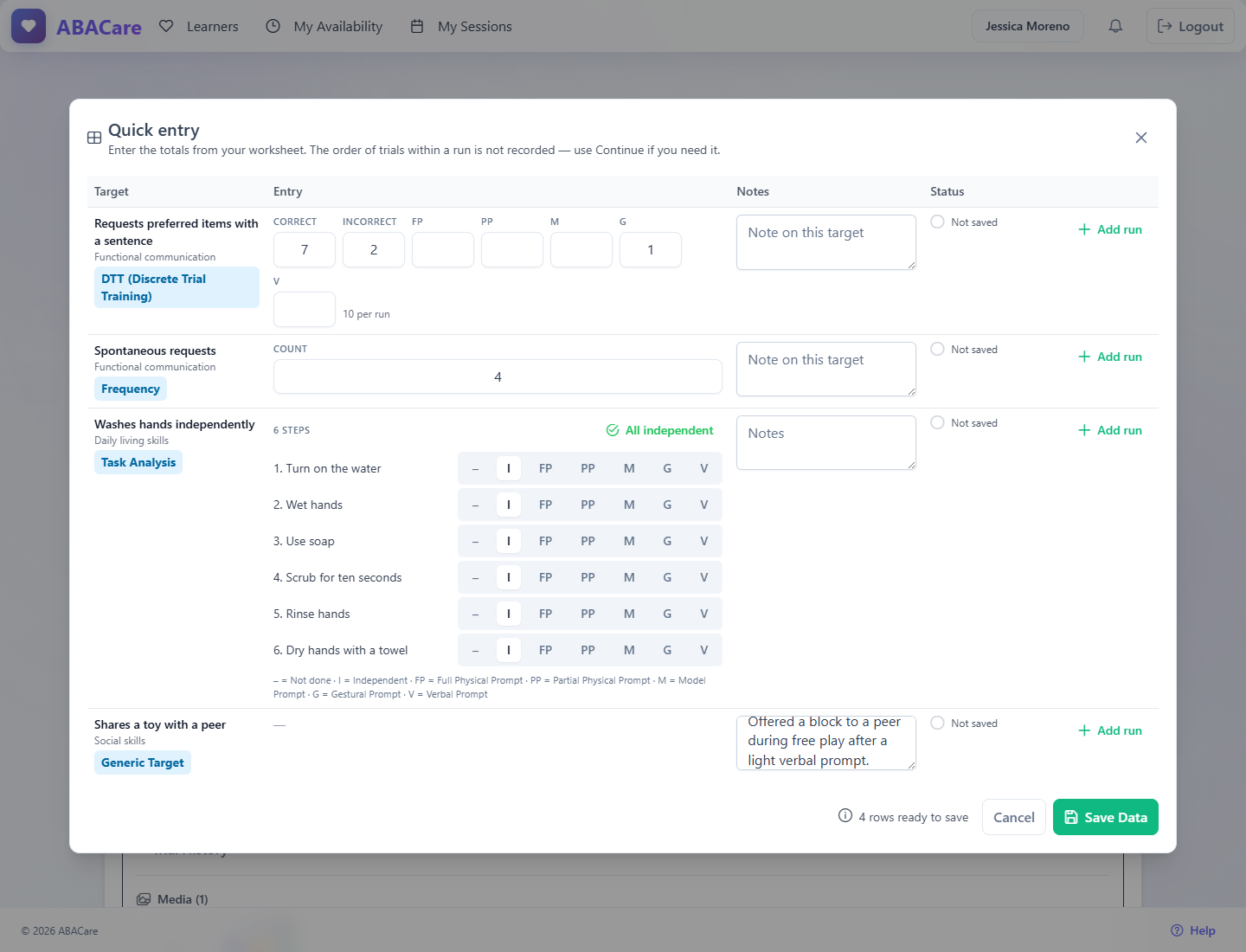 The Quick entry window in the web app with rows for a DTT, a frequency, a task analysis and a generic target filled in