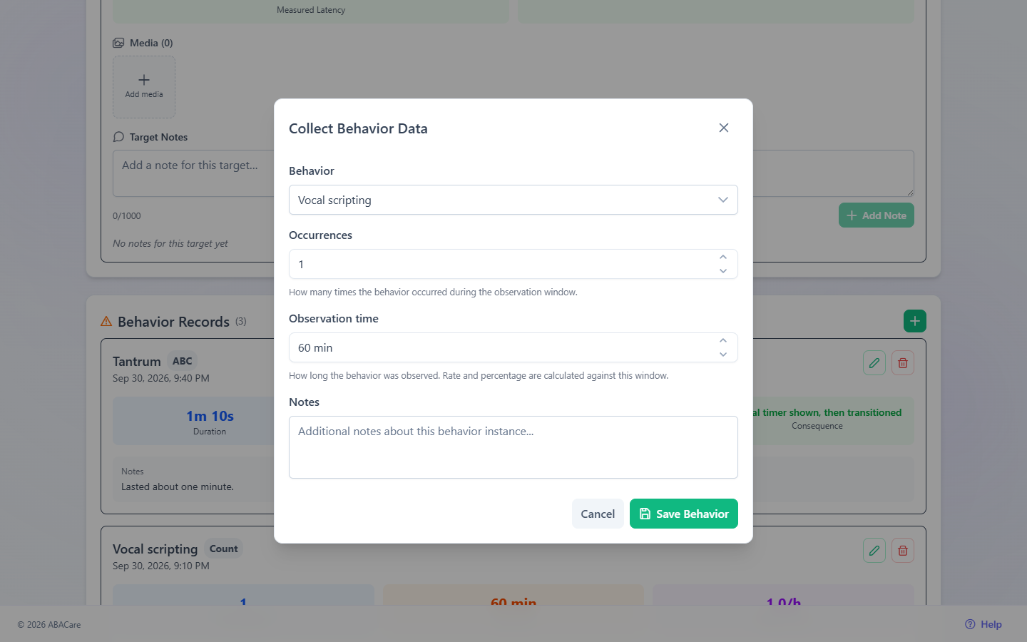 The Collect Behavior Data window in the web app with a count behavior selected and the Occurrences, Observation time and Notes fields