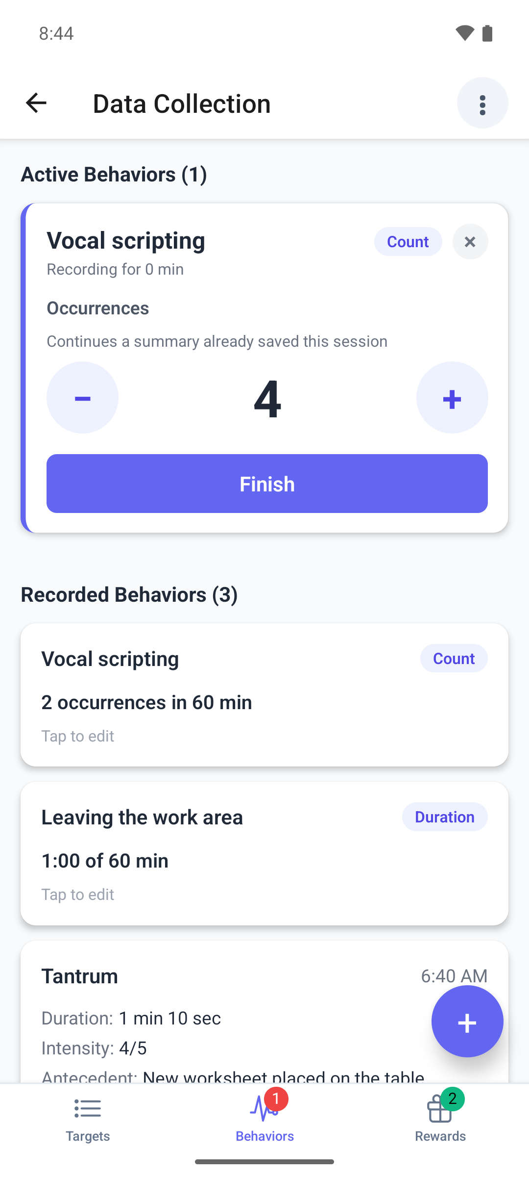 A count card under Active Behaviors in the mobile app with the occurrence tally, the minus and plus buttons and Finish