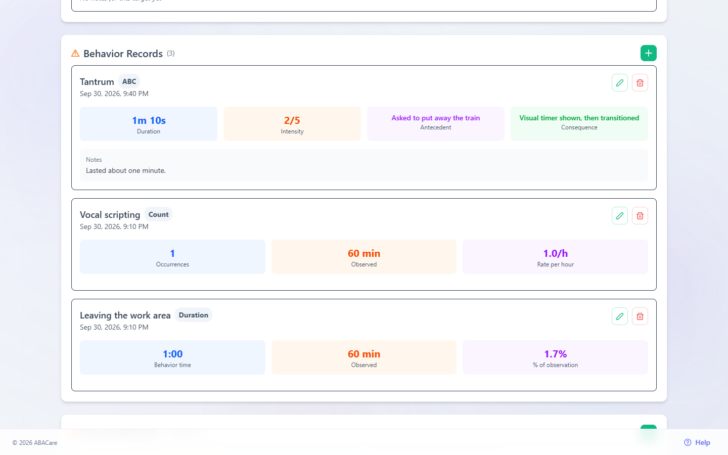 The Behavior Records card in the web app with a count summary and a duration summary, each with its tag and totals