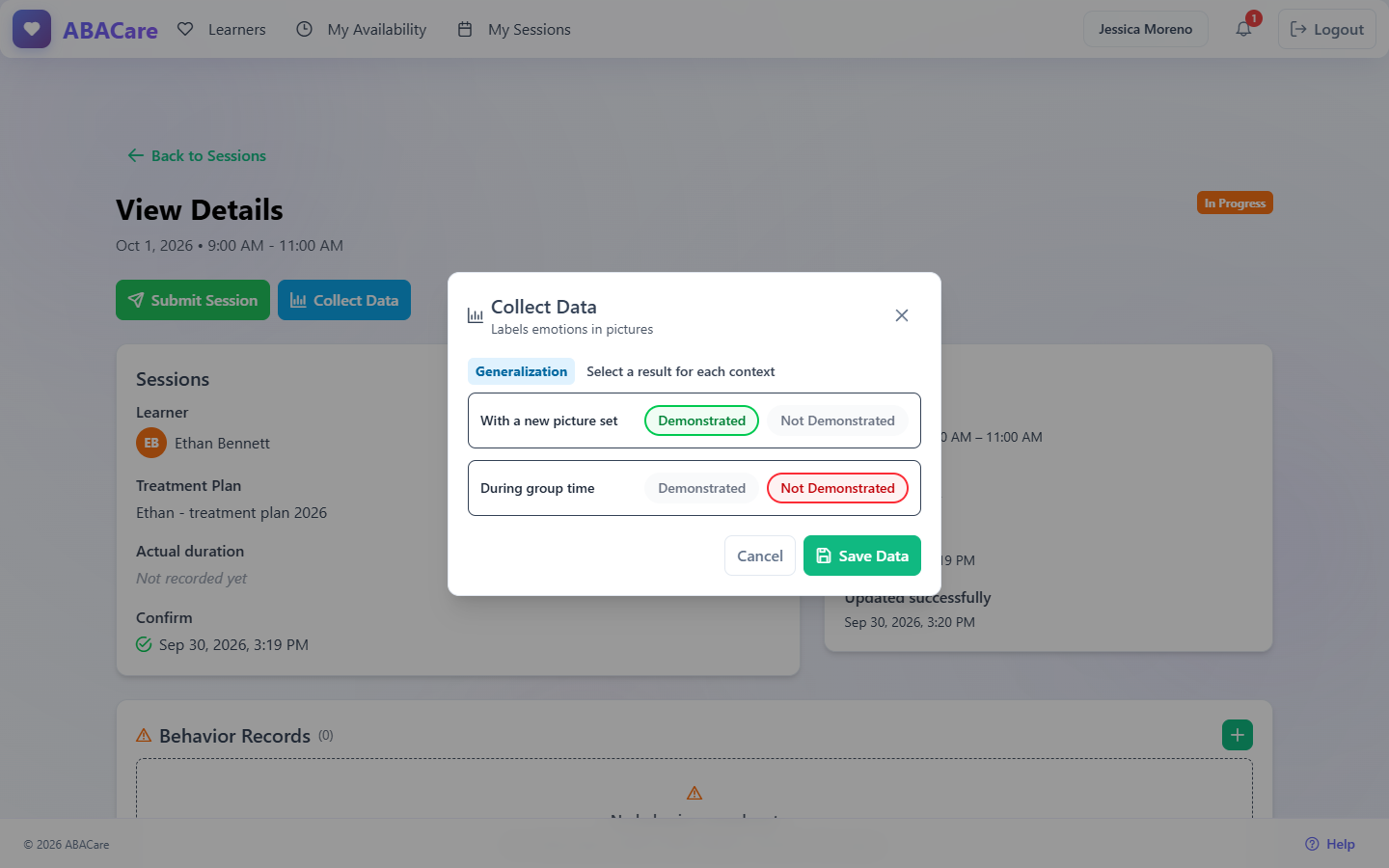 The pass or fail window of a generalization target in the web app, with Demonstrated and Not Demonstrated for each context