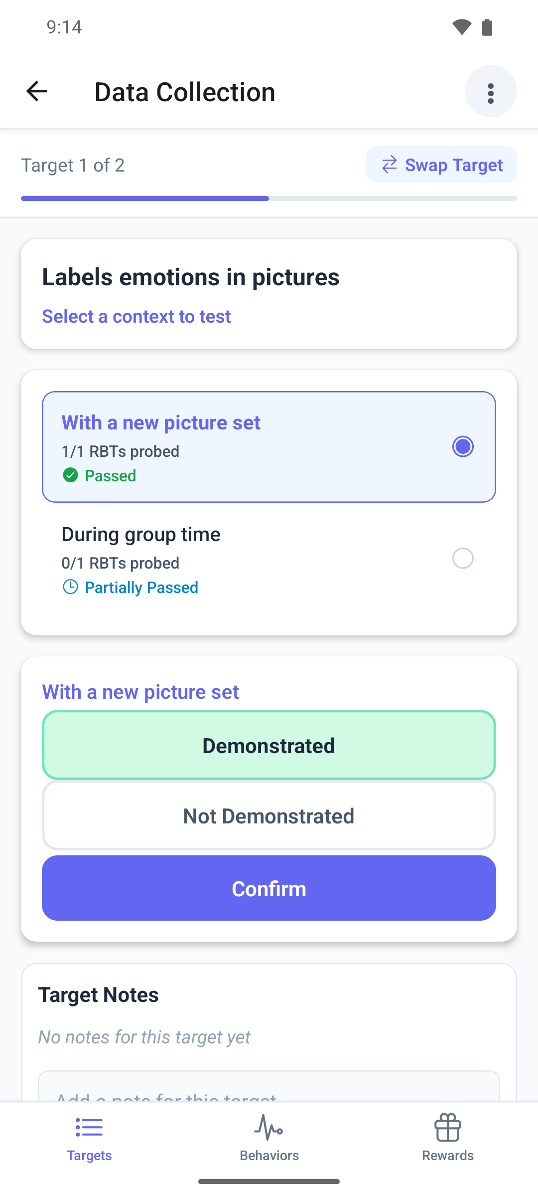 A generalization target in the mobile app with a context selected, the Demonstrated and Not Demonstrated buttons and Confirm
