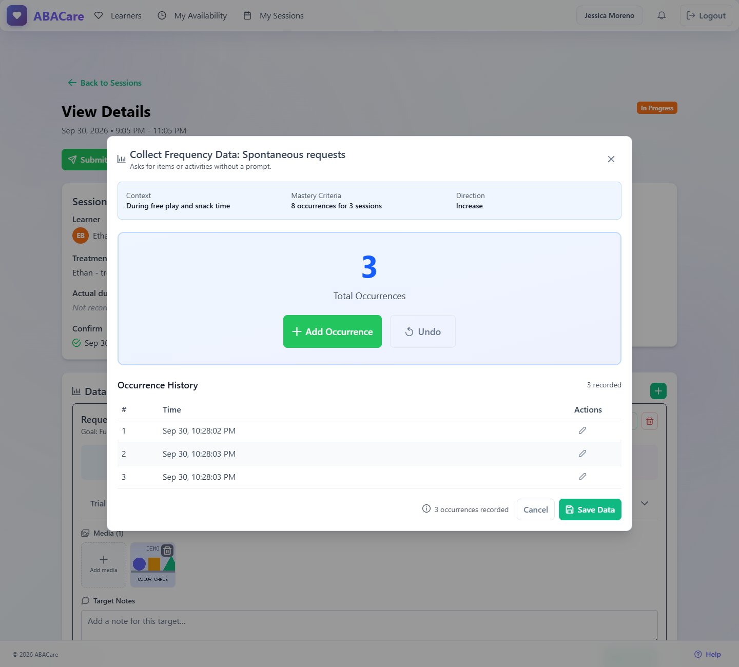 A frequency target in the web app with the total, the Add Occurrence button and the Occurrence History table