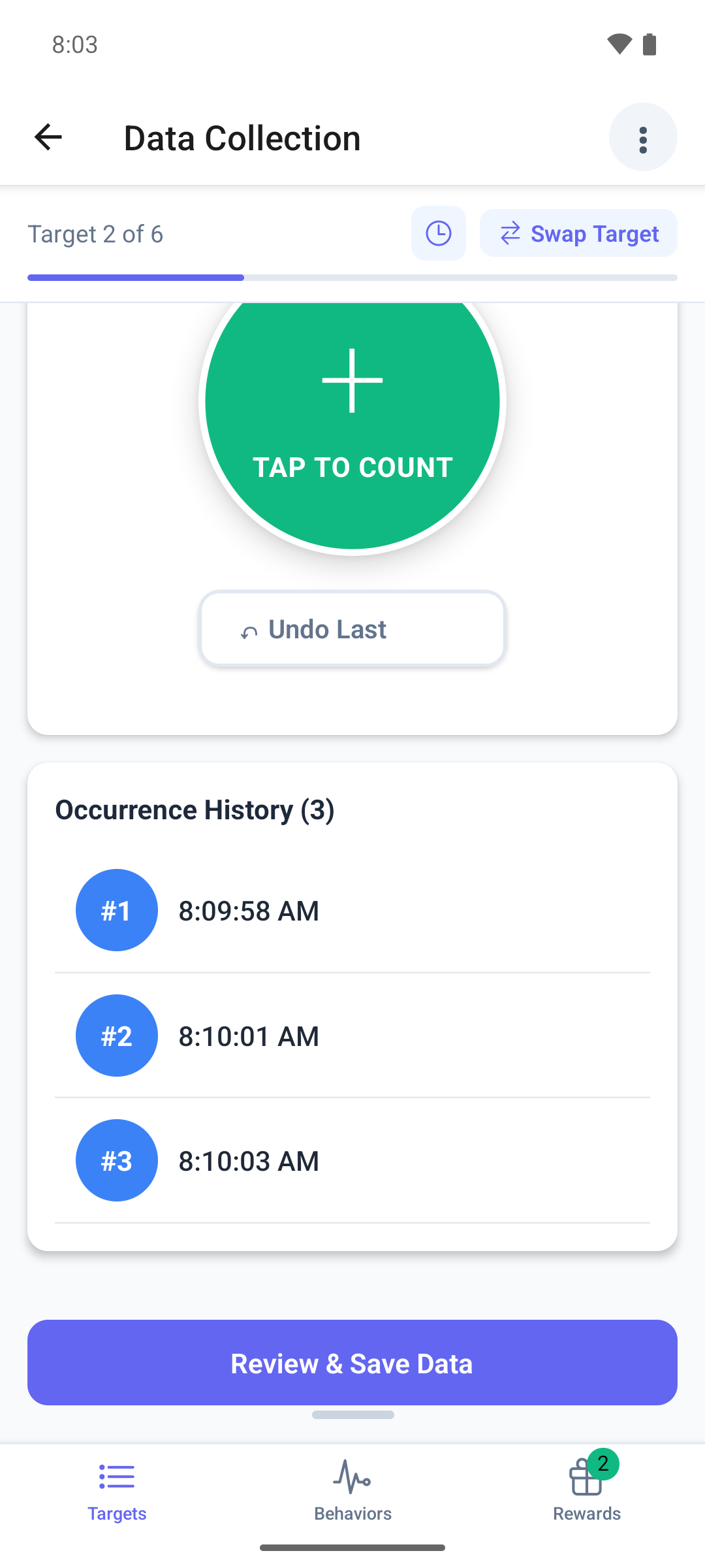 A frequency target in the mobile app with the occurrence total, the Tap to Count button and the occurrence history