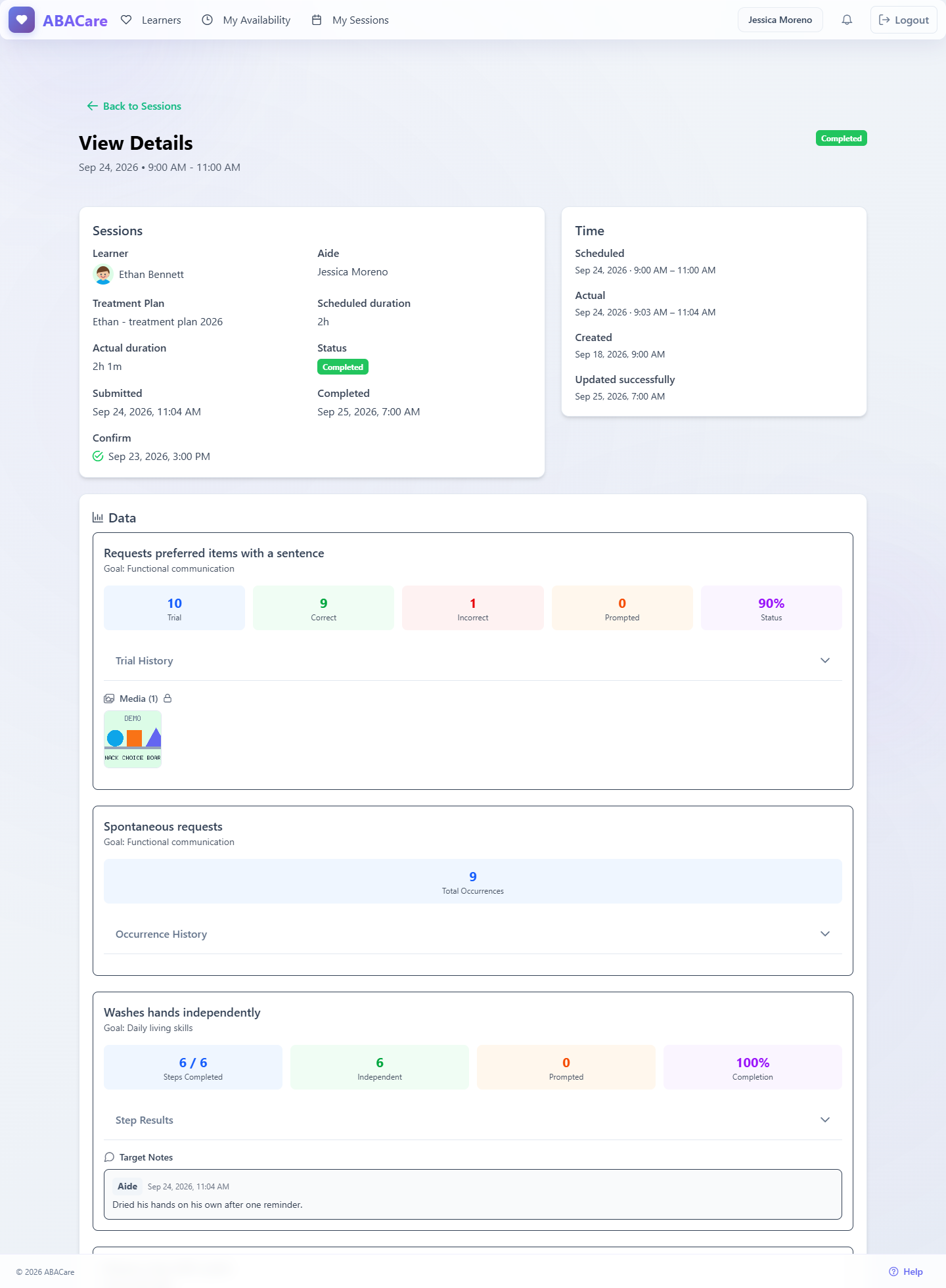 A completed session in the web app with the scheduled and actual times and the Data card
