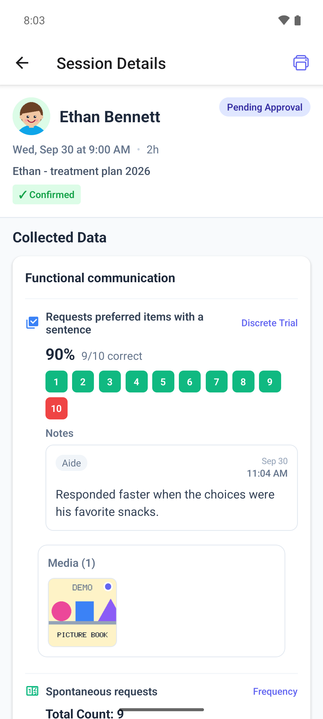 A submitted session in the mobile app with the Pending Approval status and the Collected Data section
