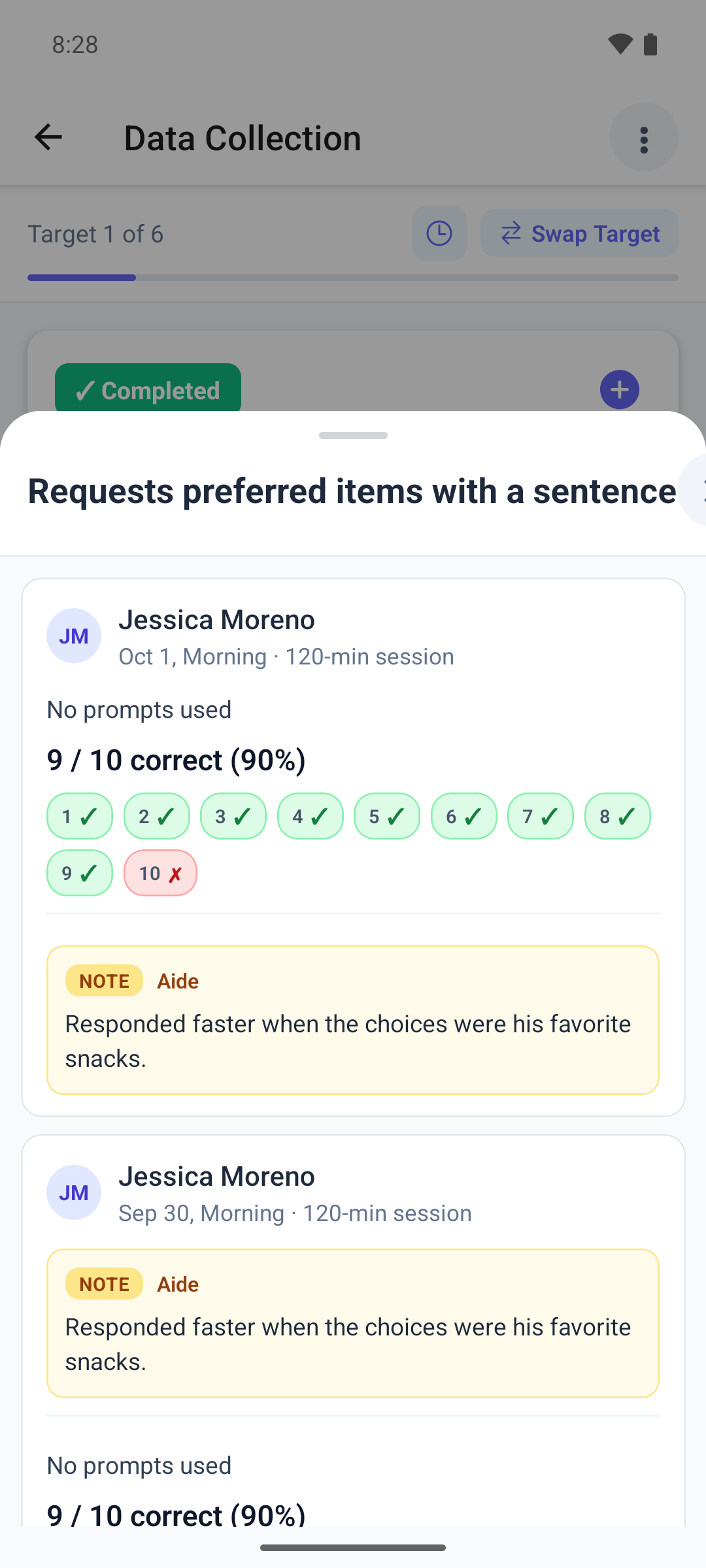 The last collections sheet in the mobile app over a DTT target, with session cards, trial results and a target note
