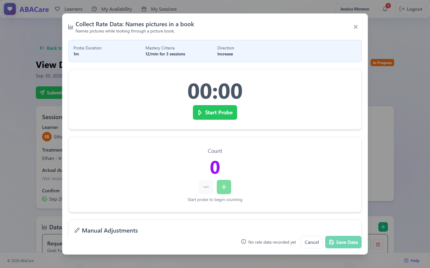 A rate target in the web app with the probe timer, the plus and minus buttons, the current rate and the Manual Adjustments card