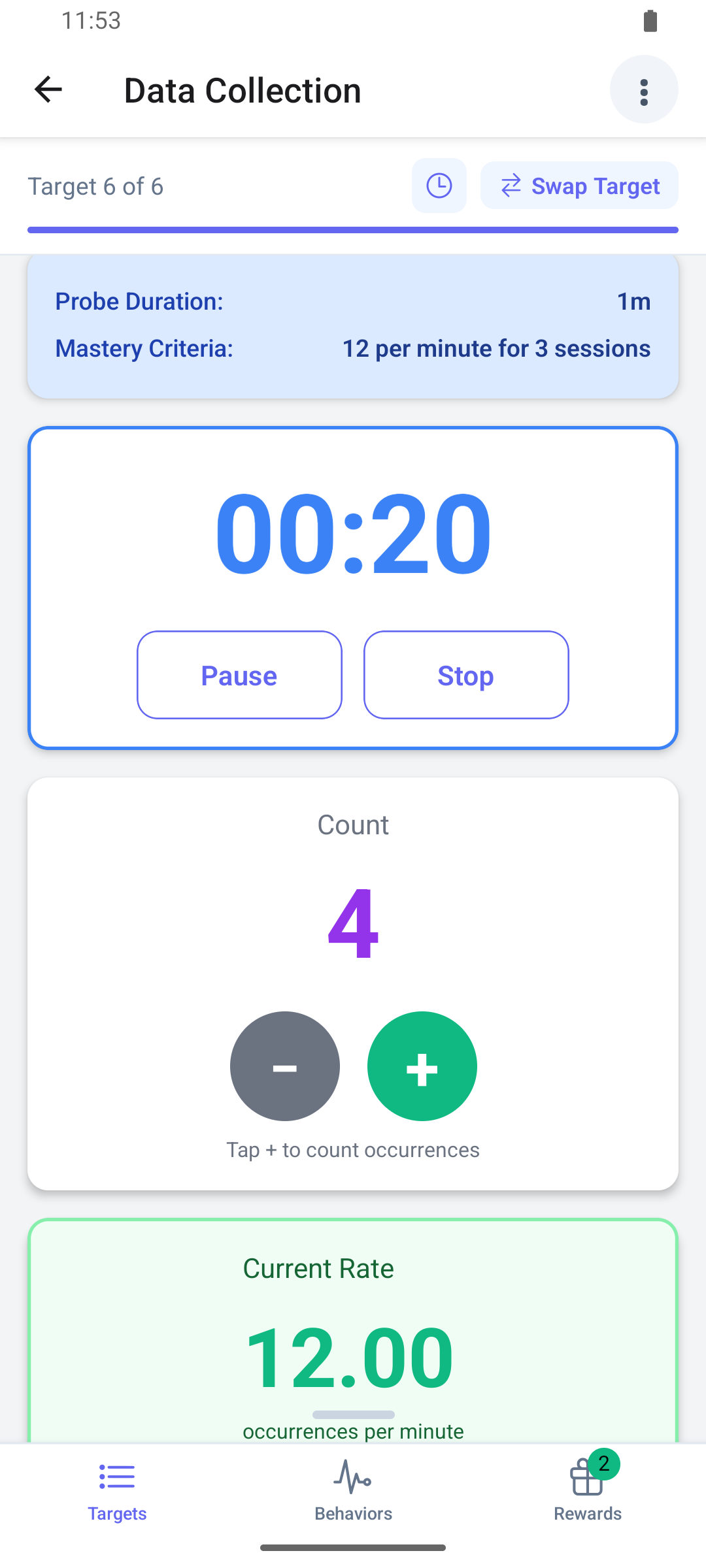 A rate target in the mobile app with the probe timer, the count with the plus and minus buttons and the current rate