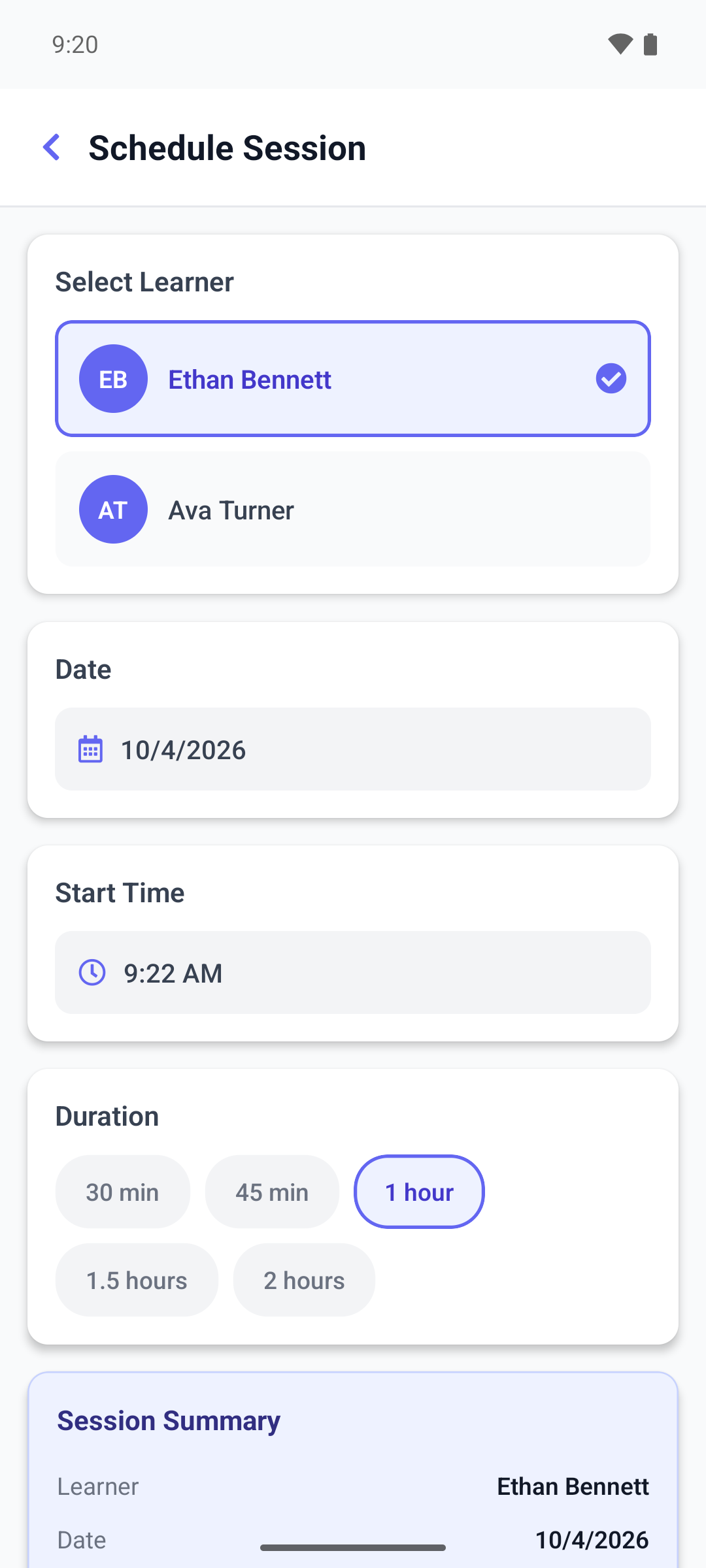 The Schedule Session screen in the mobile app with a learner, date, start time and duration selected and the Session Summary card
