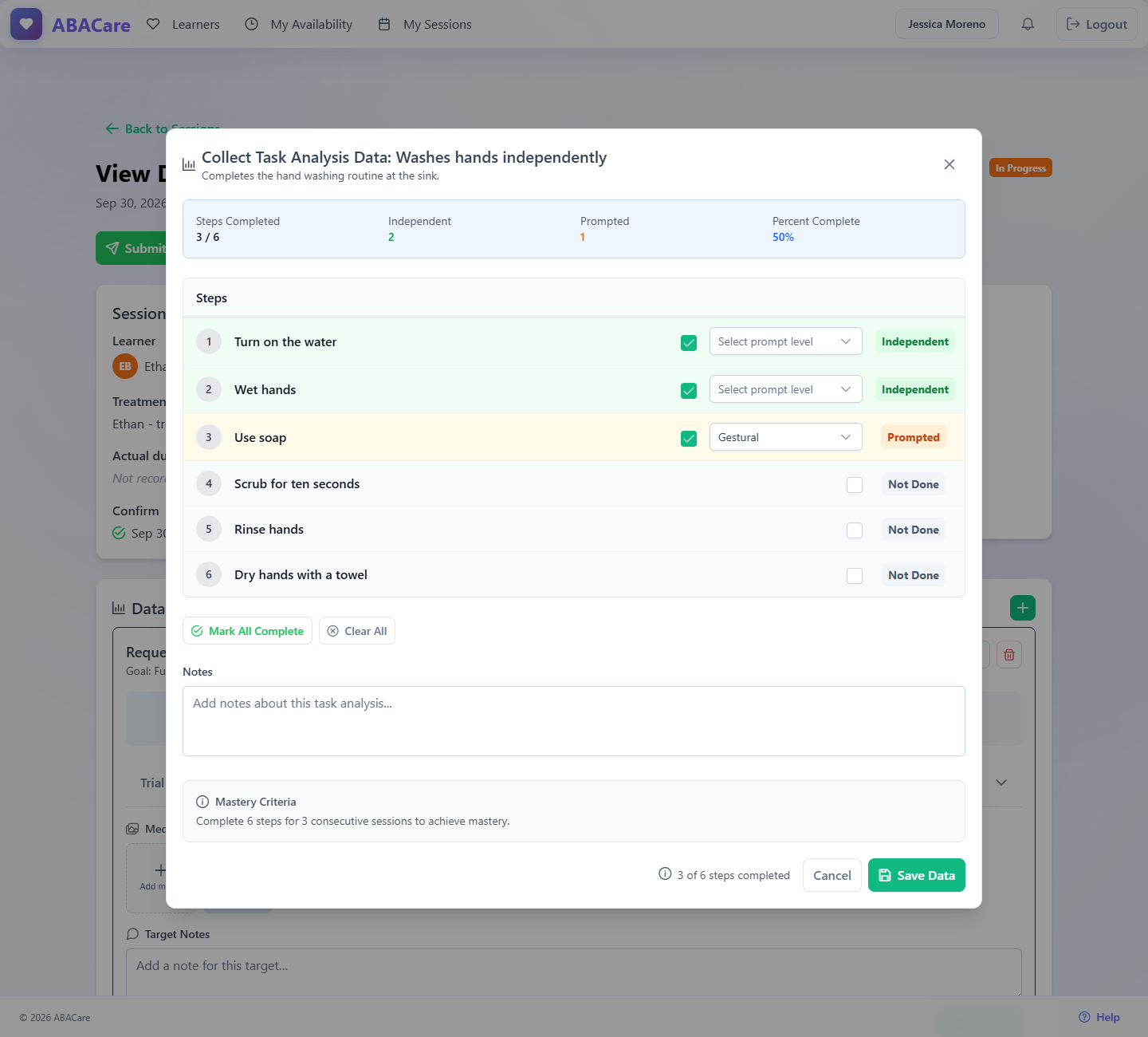 The task analysis window in the web app with ticked steps, a prompt level on one step and the Save Data button