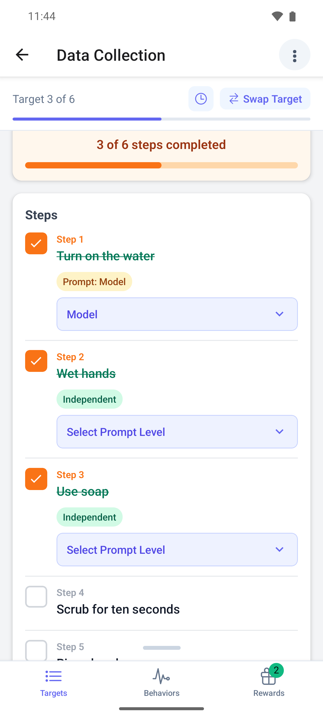 A task analysis target in the mobile app with completed steps, a prompt level and the Save Results button