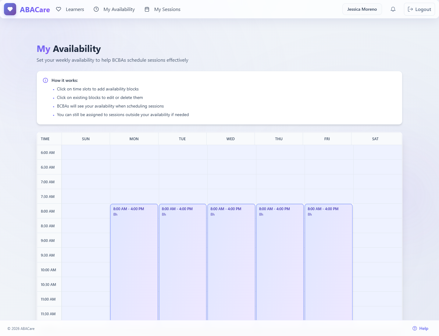 The My Availability page in the web app with availability blocks from Monday to Friday