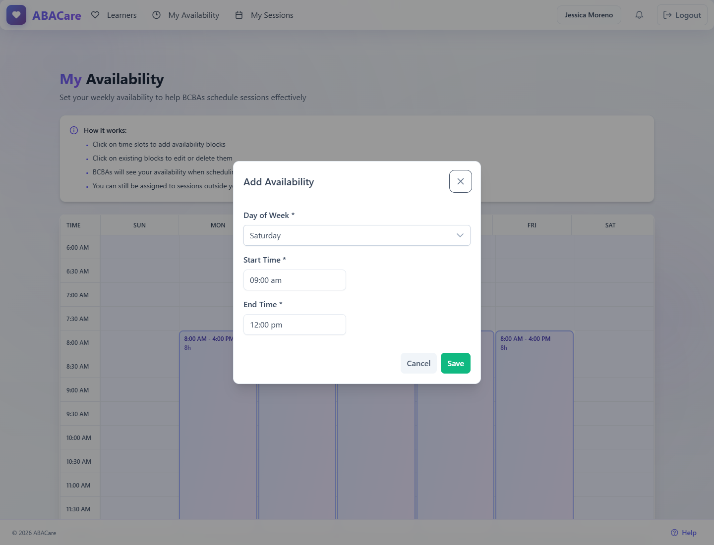 The Add Availability window in the web app with the day of week, start time and end time