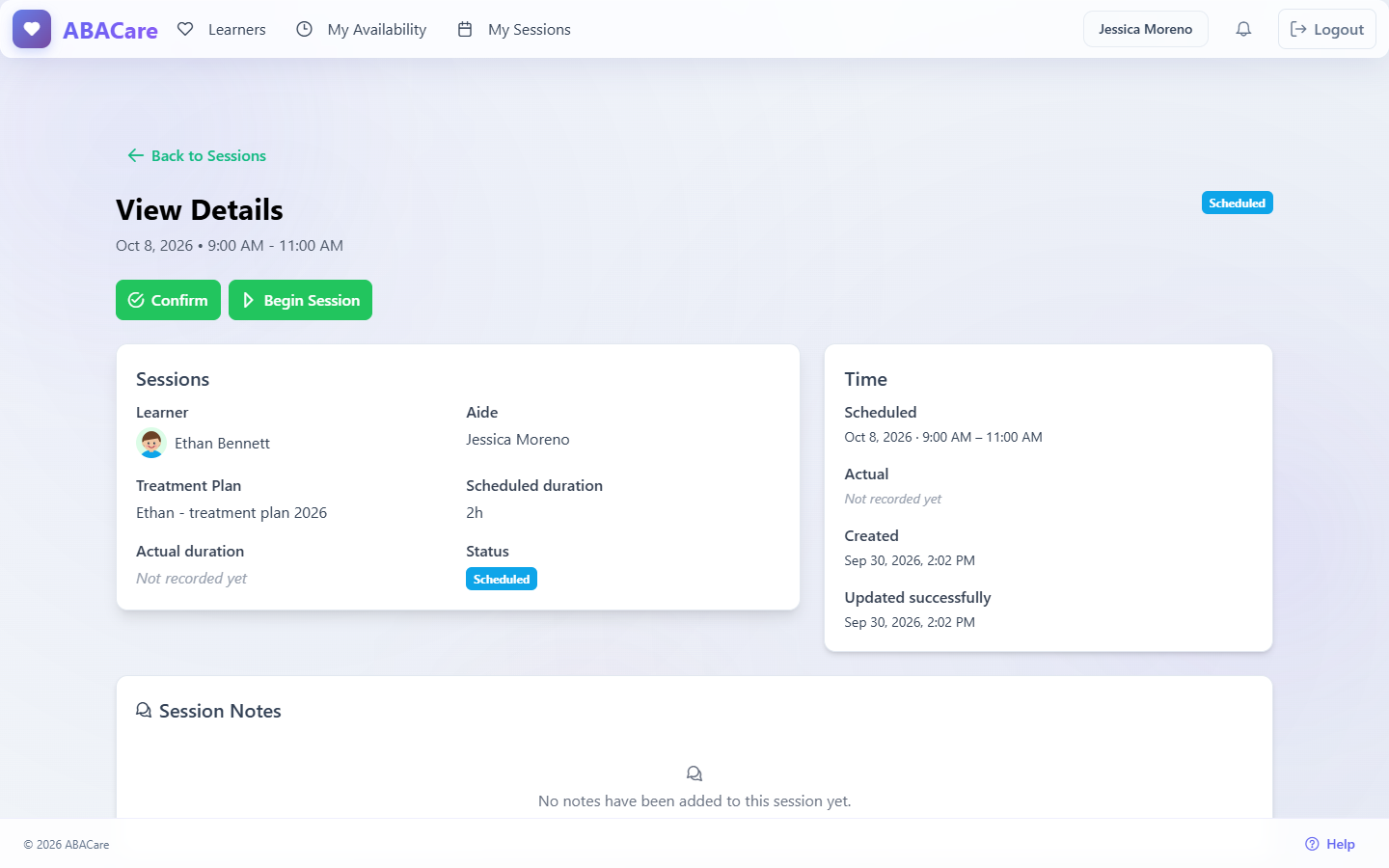 A scheduled session in the web app with the Begin Session and Confirm buttons