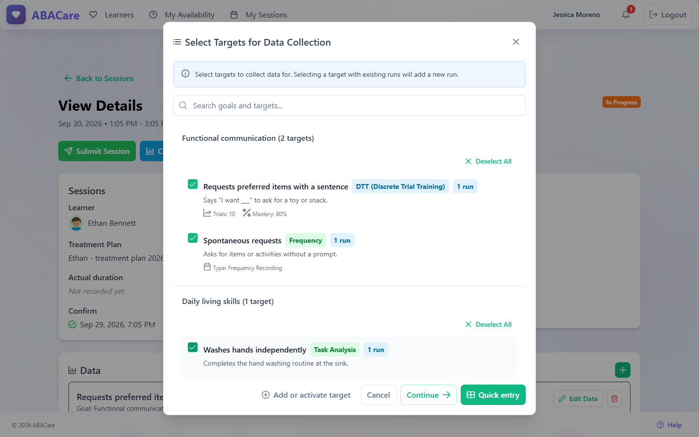 The Select Targets for Data Collection window in the web app with targets ticked and the Continue and Quick entry buttons