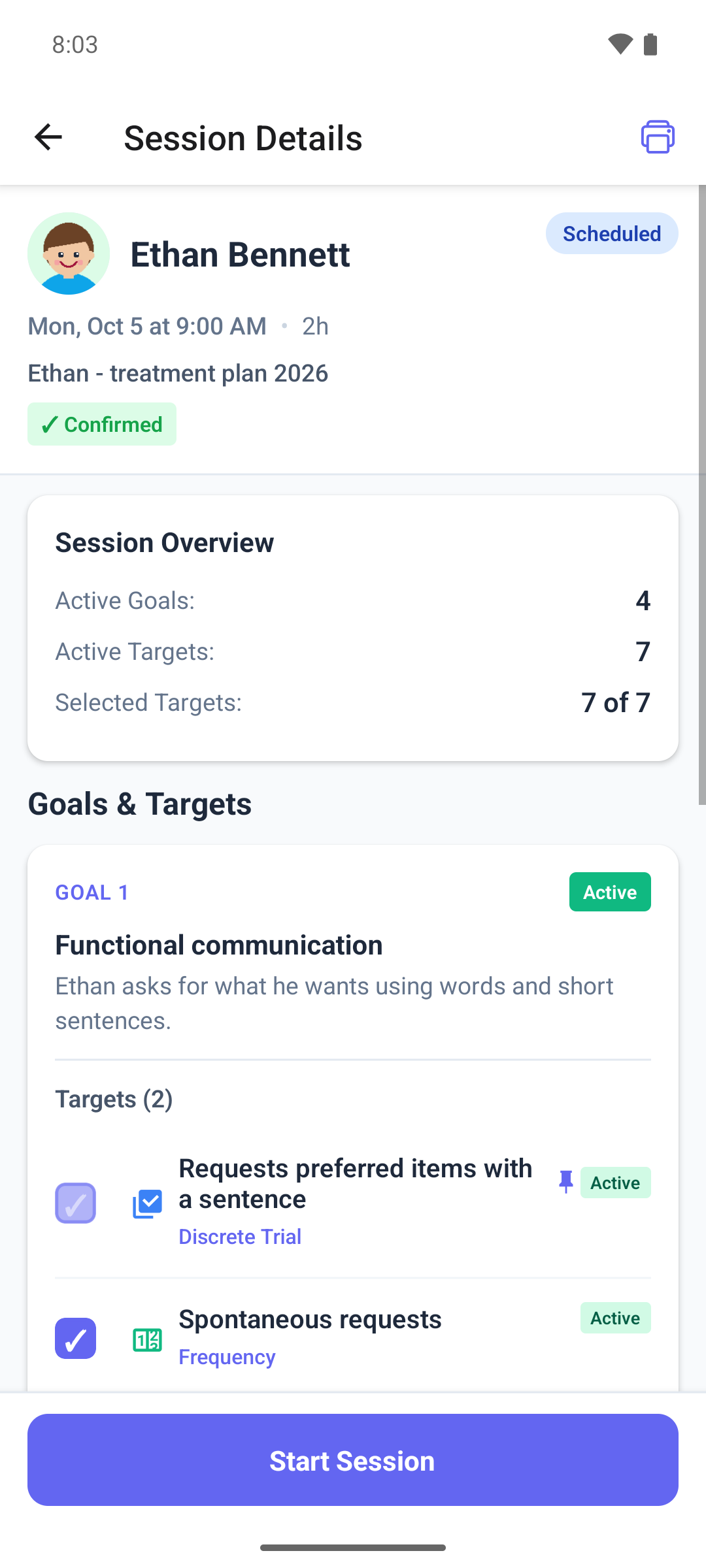 A scheduled session in the mobile app with goals, ticked targets, a mandatory target and the Start Session button