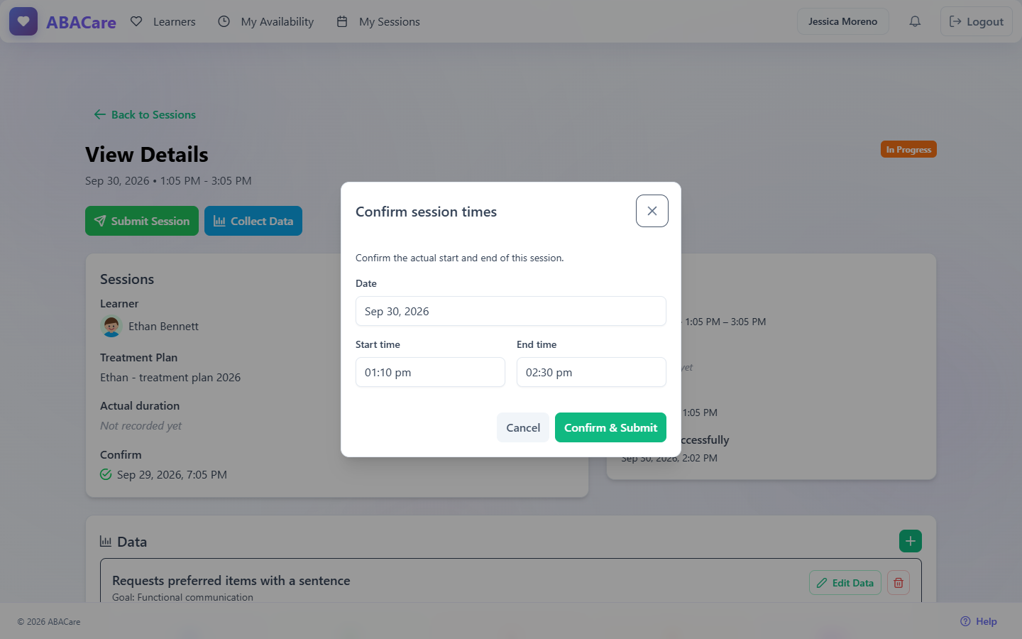 The Confirm session times window in the web app with the date, start time and end time and the Confirm & Submit button