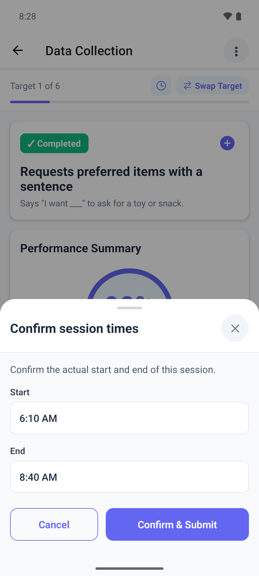 The Confirm session times sheet in the mobile app with the start and end times and the Confirm & Submit button