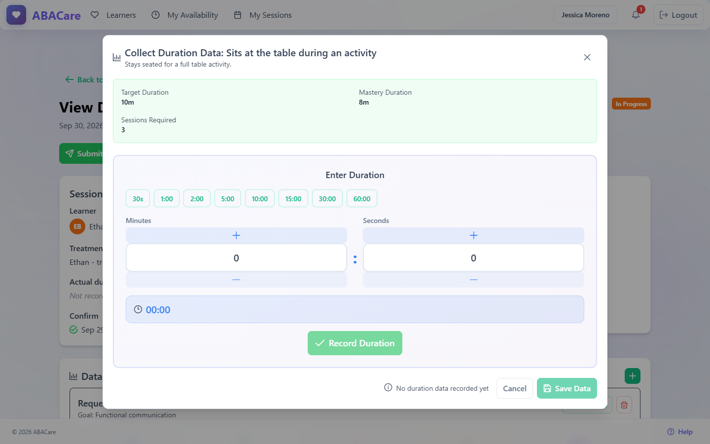 A duration target in the web app with the target and mastery durations, the minutes and seconds entry and the Record Duration button